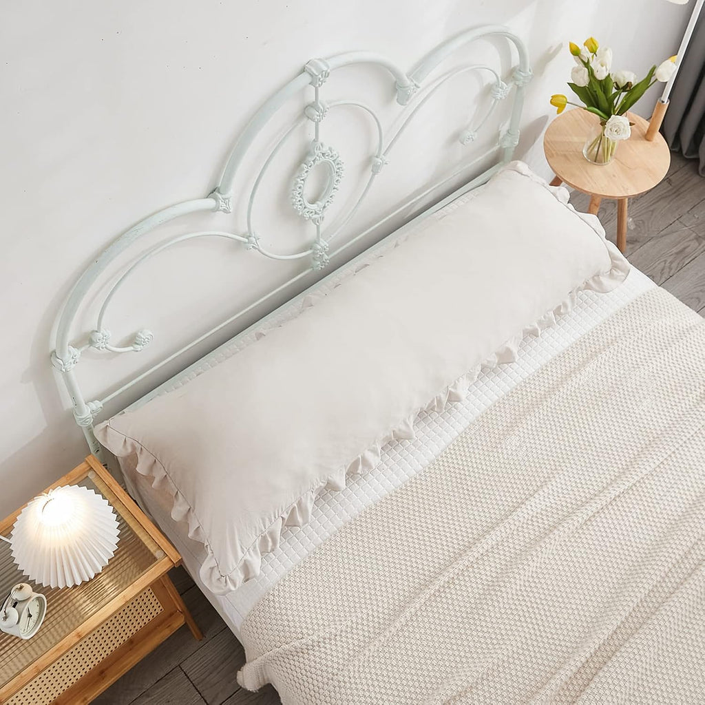 Merryword Beige Grey Body Pillow Cover 20x54inches Long Pillowcase Ruffled Pillowcases Shabby Chic Ruffled Fringe Decor Cute Body Ruffled P…