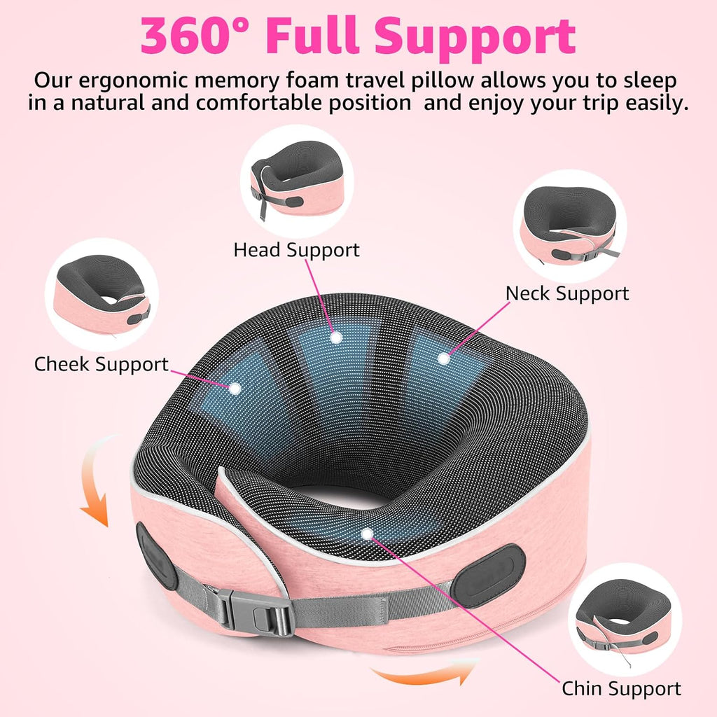 Travel Pillows for Airplanes Ergonomic Memory Foam Neck Pillow for Travel - 360° Head & Neck Support for Sleeping on Flights, Cars…