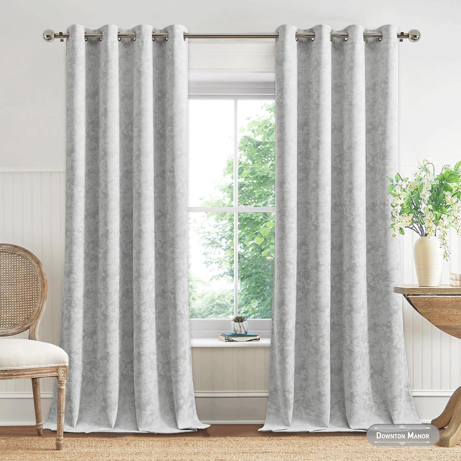 Beauoop Grey Floral Jacquard Blackout Curtains 84 Inches Long 2 Panels for Bedroom Living Room Gray Flower Chenille Room Darkening…