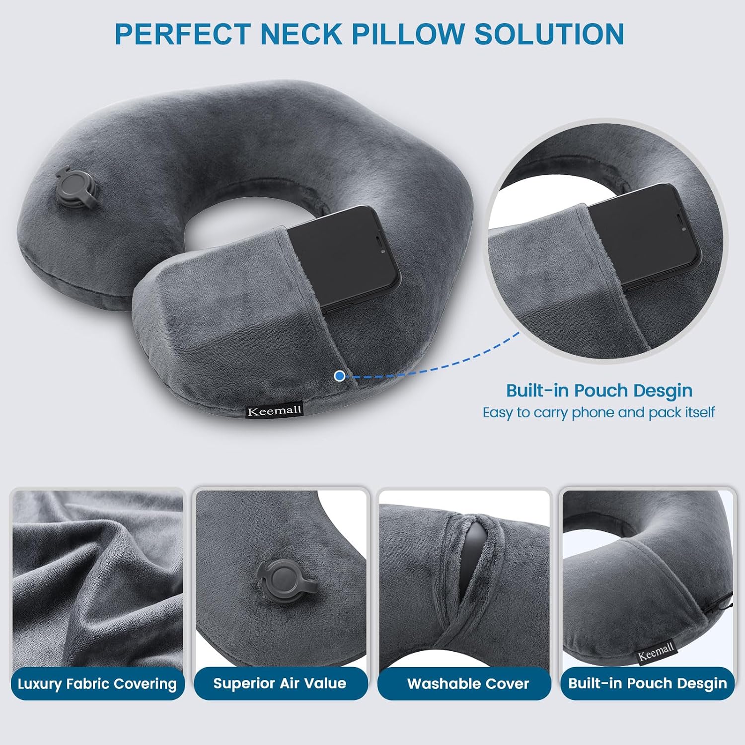 Keemall Inflatable Travel Neck Pillow, Super Soft Plane Neck Support Pillow for Travel Ariplane Sleep Support, Adjustable Neck Cushion…