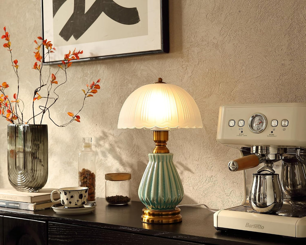 Glivpny Vintage Table Lamp for Living Room,16" Mid Century Modern Ceramic Lamps for Bedroom, Retro Bedside Nightstand Mushroom Glass…