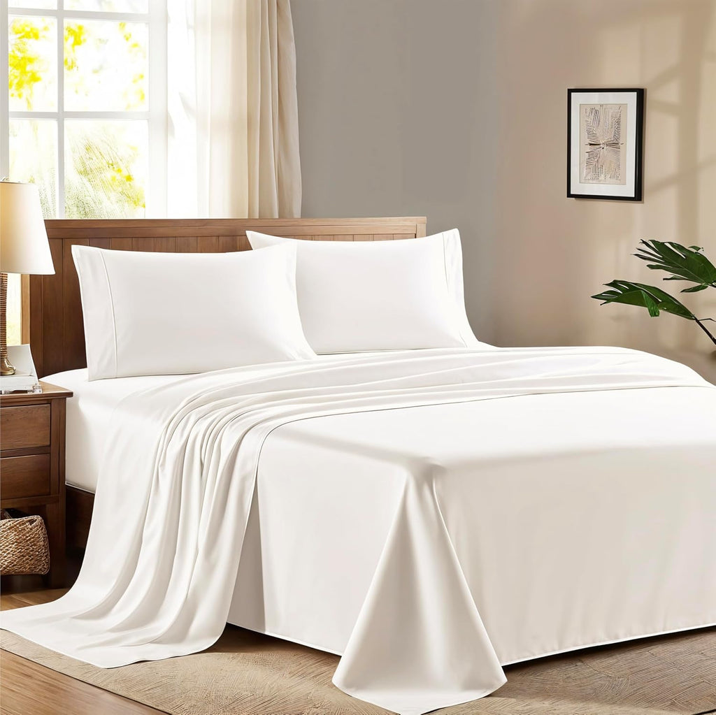 AshtonSheets 100% Egyptian Cotton King Size Sheet Set - 600 Series Refined Collection Sheets Set for King Size Bed (4 PC, Ivory), Soft, Coo…