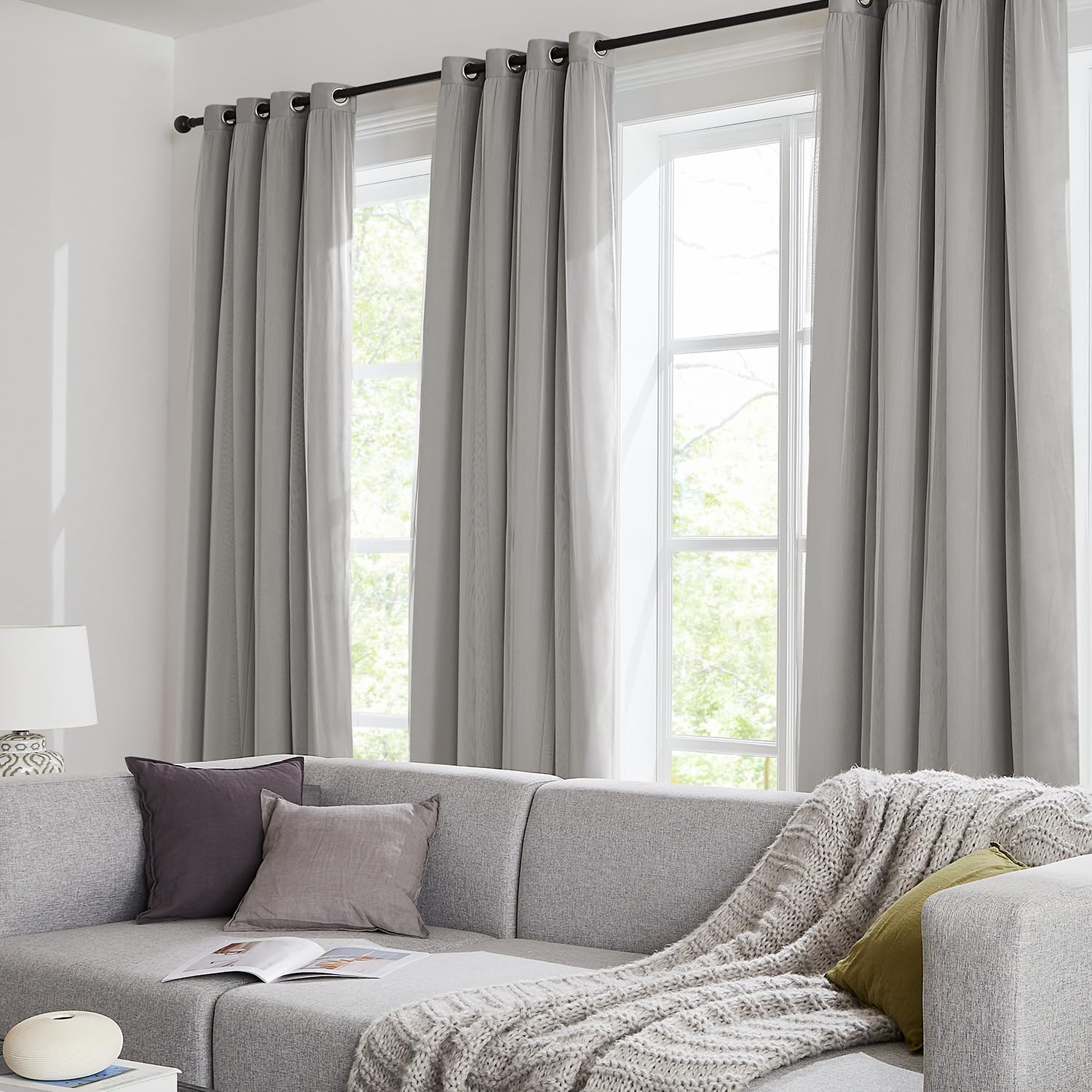 Swandream Blackout Curtains for Bedroom, Double Layer Grey Curtains, Black Out Curtain 90 inch Long with Sheer Overlay for Living Room, Roo…