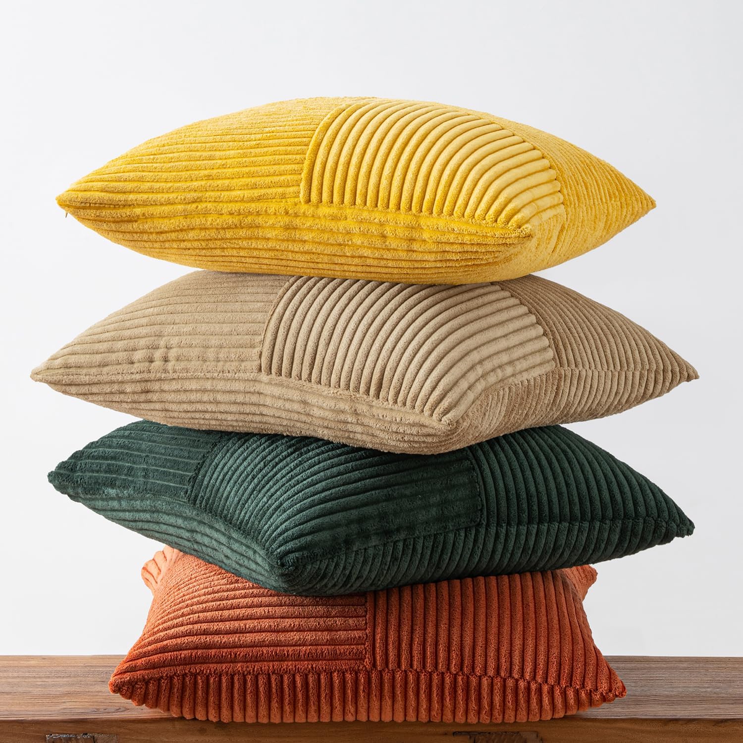 Miulee Green Rust Throw Pillow Covers 20x20 Inch Set of 4 Boho Farmhouse Soft Corduroy Striped Cushion Cases Decorative Color-Clash Home De…