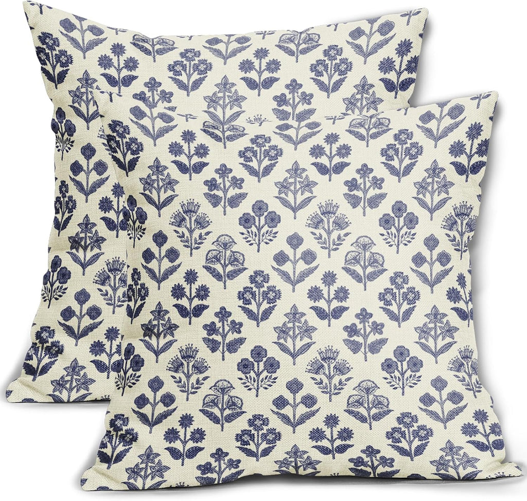 Navy Blue Floral Pillow Covers 22x22 Inch Set of 2, Vintage Flower Block Print Pattern Decorative Throw Pillowcases Outdoor Farmhouse…