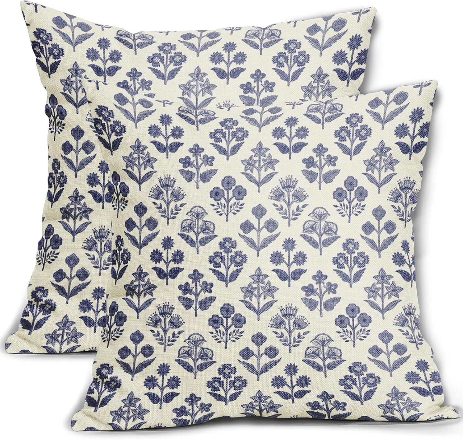 Navy Blue Floral Pillow Covers 18x18 Inch Set of 2, Vintage Flower Block Print Pattern Decorative Throw Pillowcases Outdoor Farmhouse…