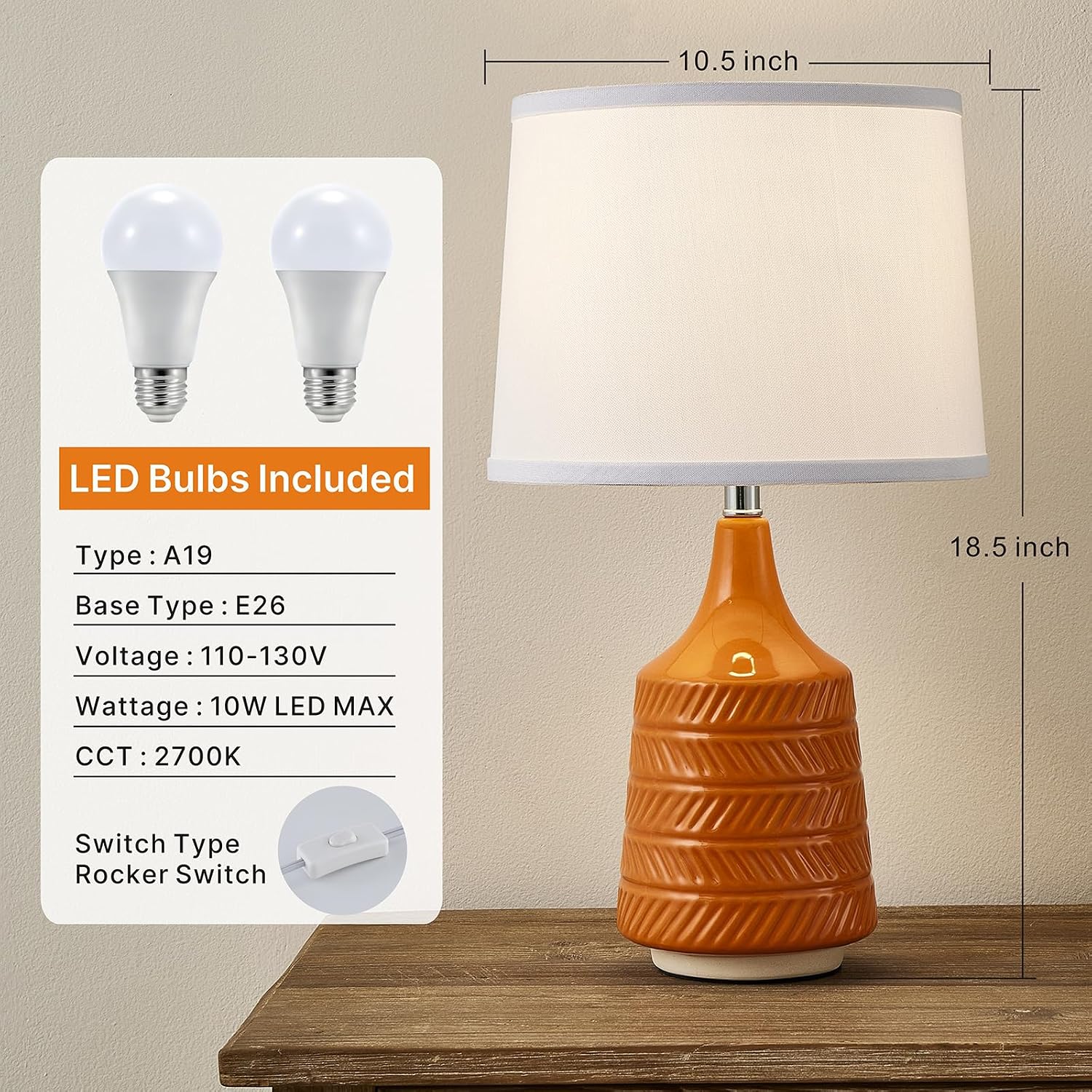 Orange Ceramic Table Lamps Set of 2, 18.5" Modern Bedside Lamps for Night Stands, Classic Small Lamps for Living Room End Tables…