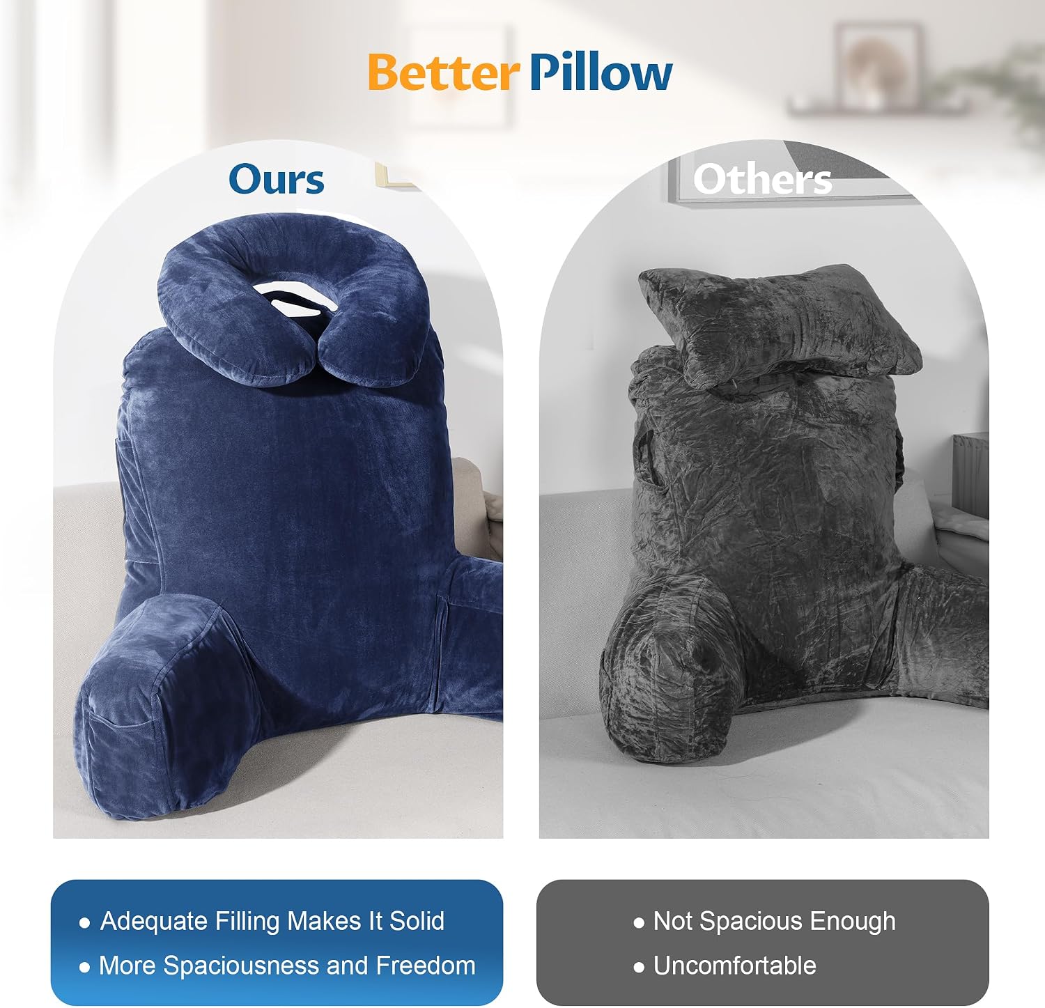 Rengue 31" Large Ergonomic Bed Rest Pillow, Reading Pillow with Arms Detachable Neck Roll Reading Pillow with Pockets for Sitting in Bed…