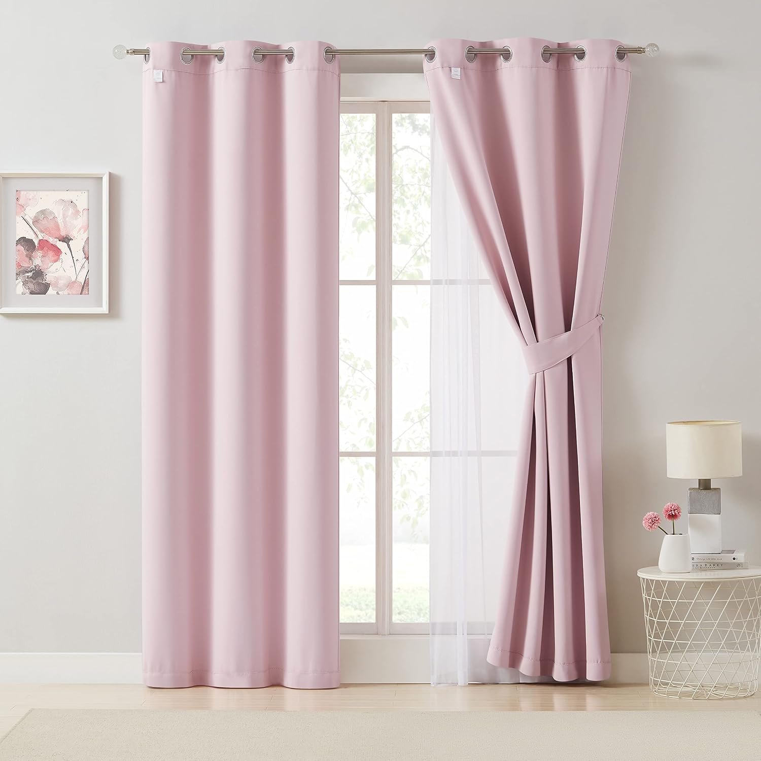 Bujasso Pink Blackout Curtains with Sheer Overlay Mix and Match Double Layer 80% Room Darkening Window Treatment Set for Girls Bedroom Livi…