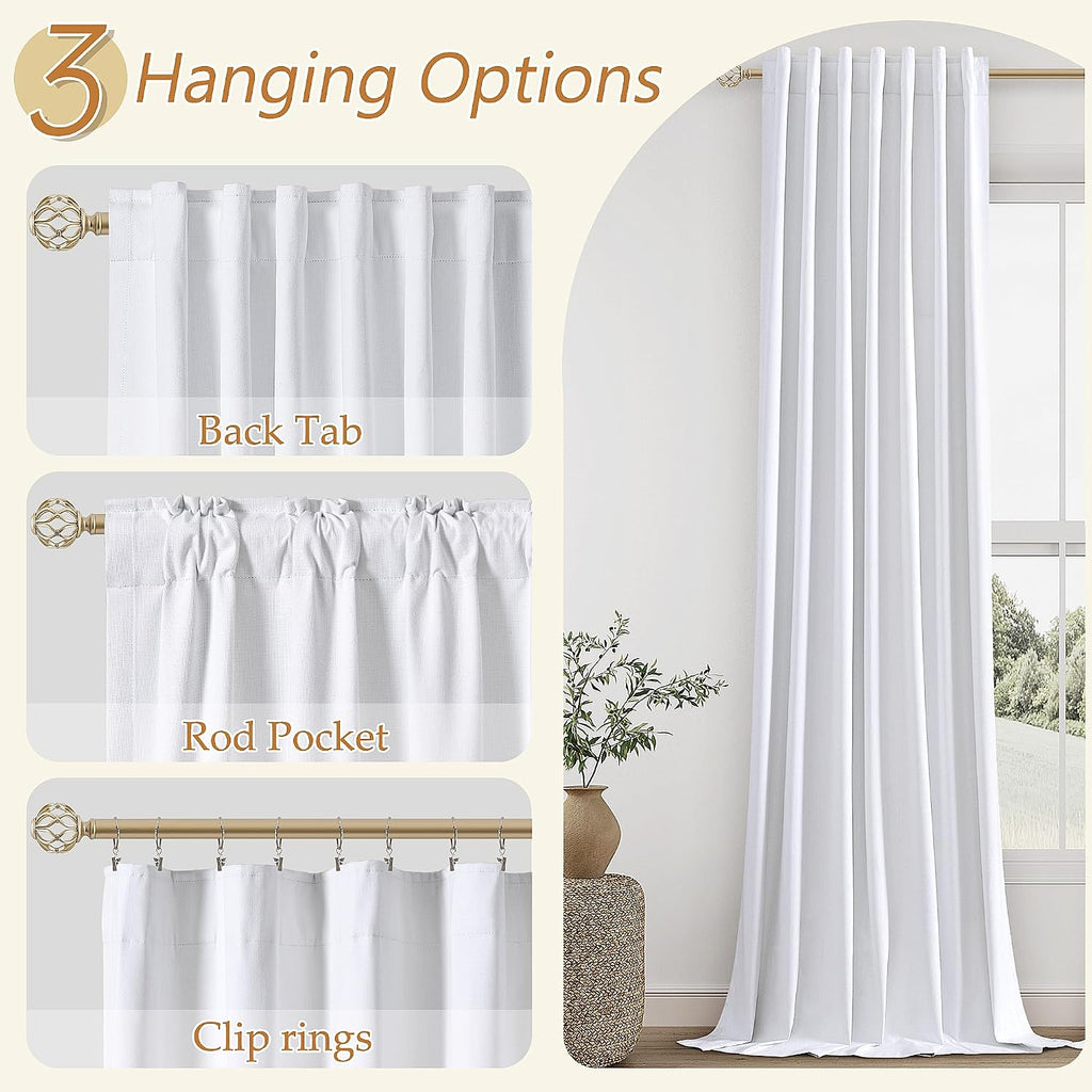Guken White 100% Blackout Linen Curtains 144 Inch Length 2 Panels Set for Living Room Bedroom Back Tab Thermal Insulated Black Out Drapes R…