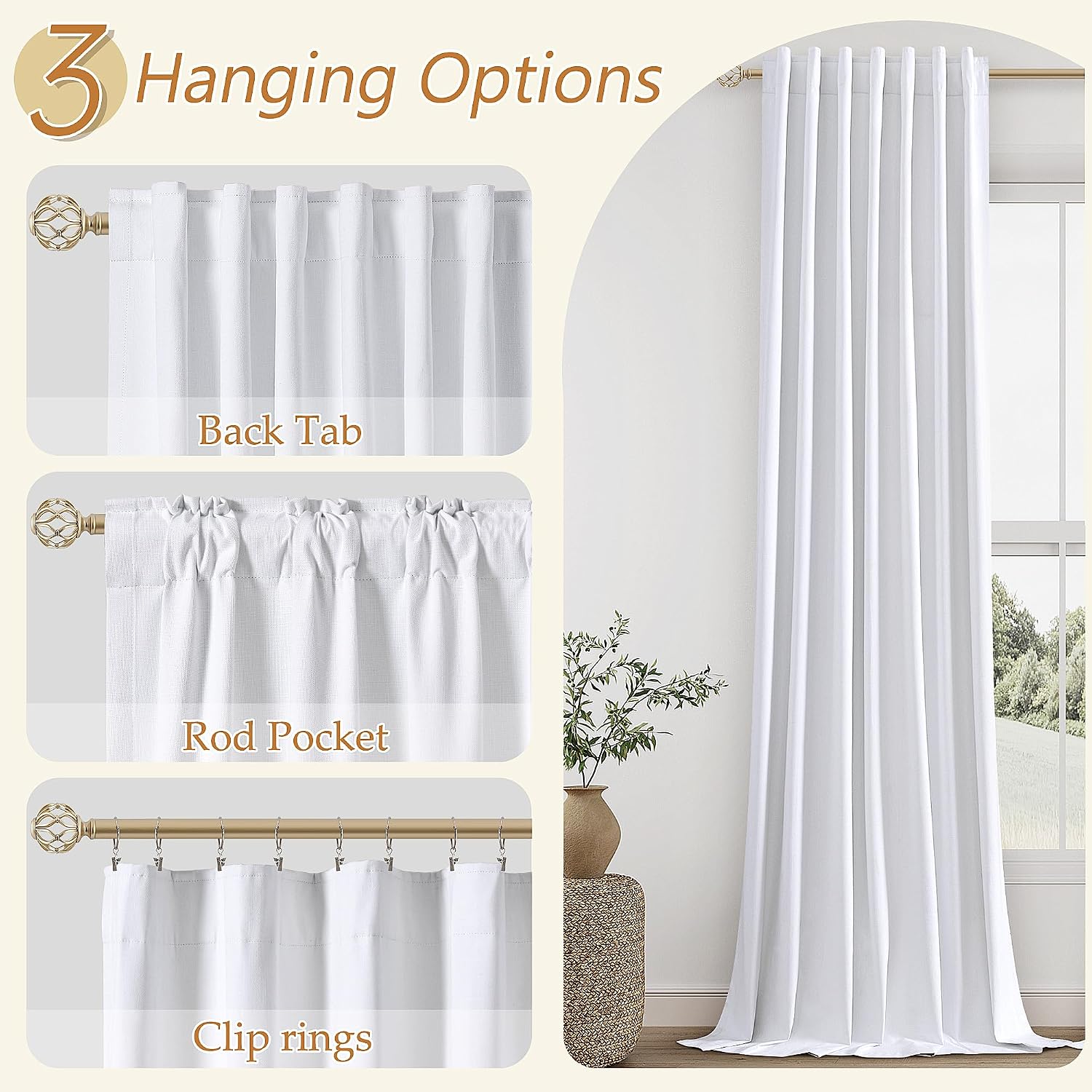 Guken White 100% Blackout Linen Curtains 144 Inch Length 2 Panels Set for Living Room Bedroom Back Tab Thermal Insulated Black Out Drapes R…