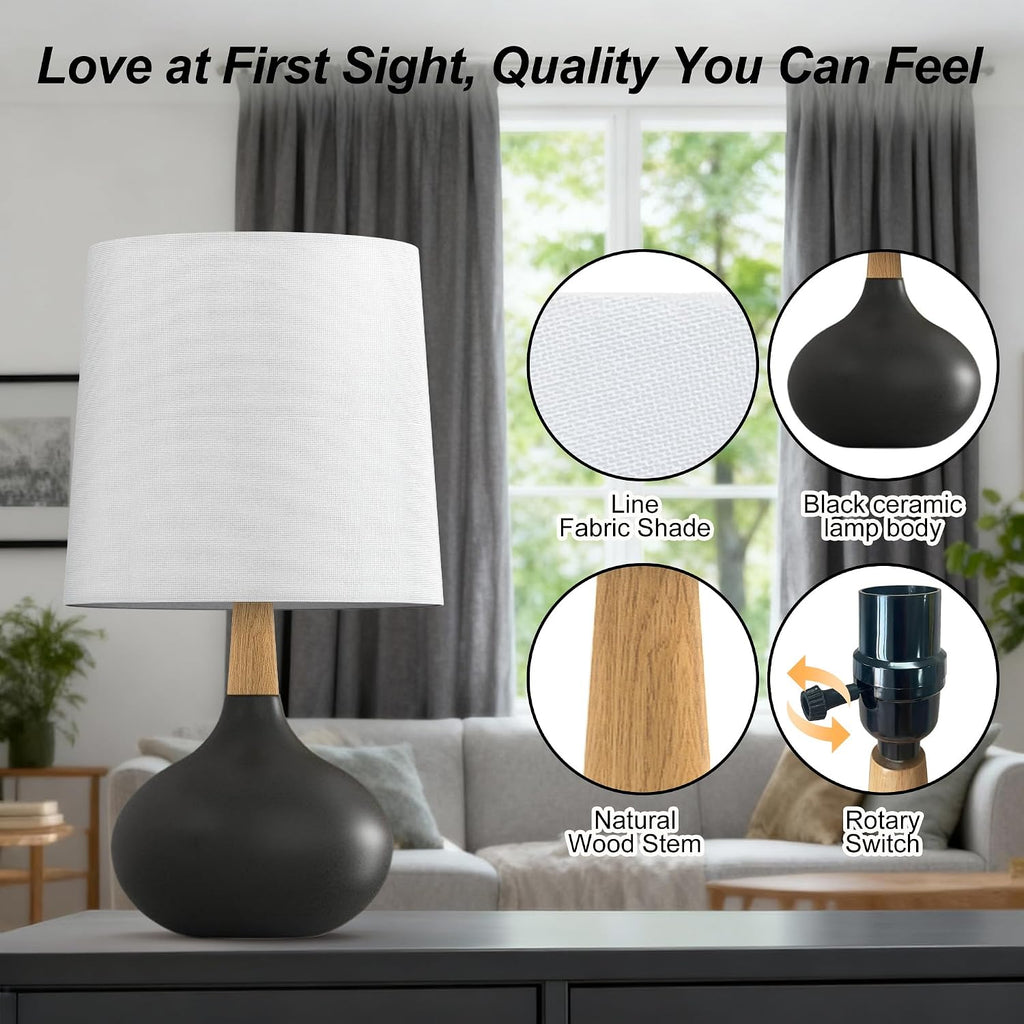 Hightry 14" Ceramic Table Lamp Set of 2 with Natural Wood Stem & Linen Shade for Bedroom Decor, Modern Farmhouse Small Bedside Lamp for Nigh…