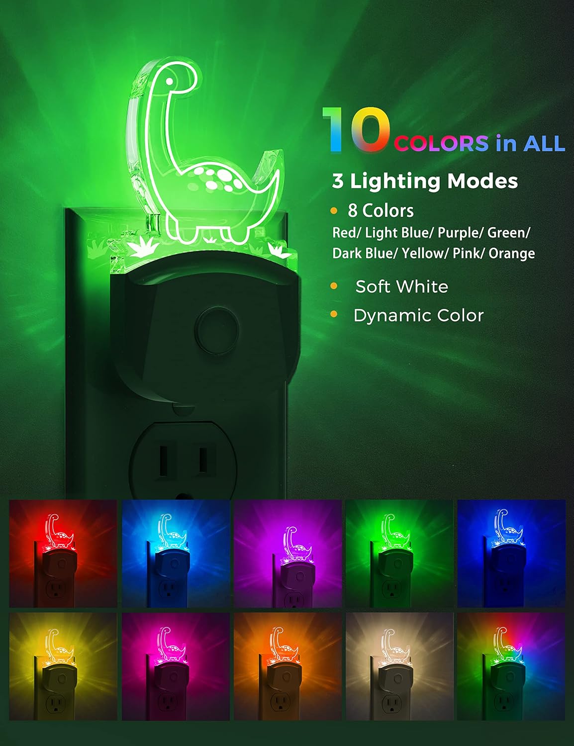 L LOHAS LED Dinosaur Night Light Plug in, Kids Night Light for Boys[2 Pack], Dusk to Dawn Sensor, 3 Lighting Modes, Color Changing…