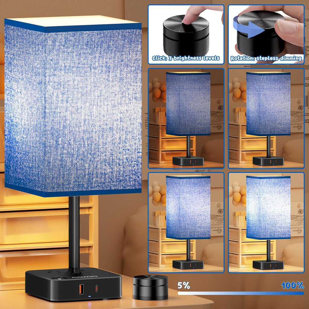 Bedside Lamp & Desk Lamp with Remote, Touch Control, USB-C/A Ports + Outlets | Blue Fabric Shade Nightstand Table Lamp for Bedroom…