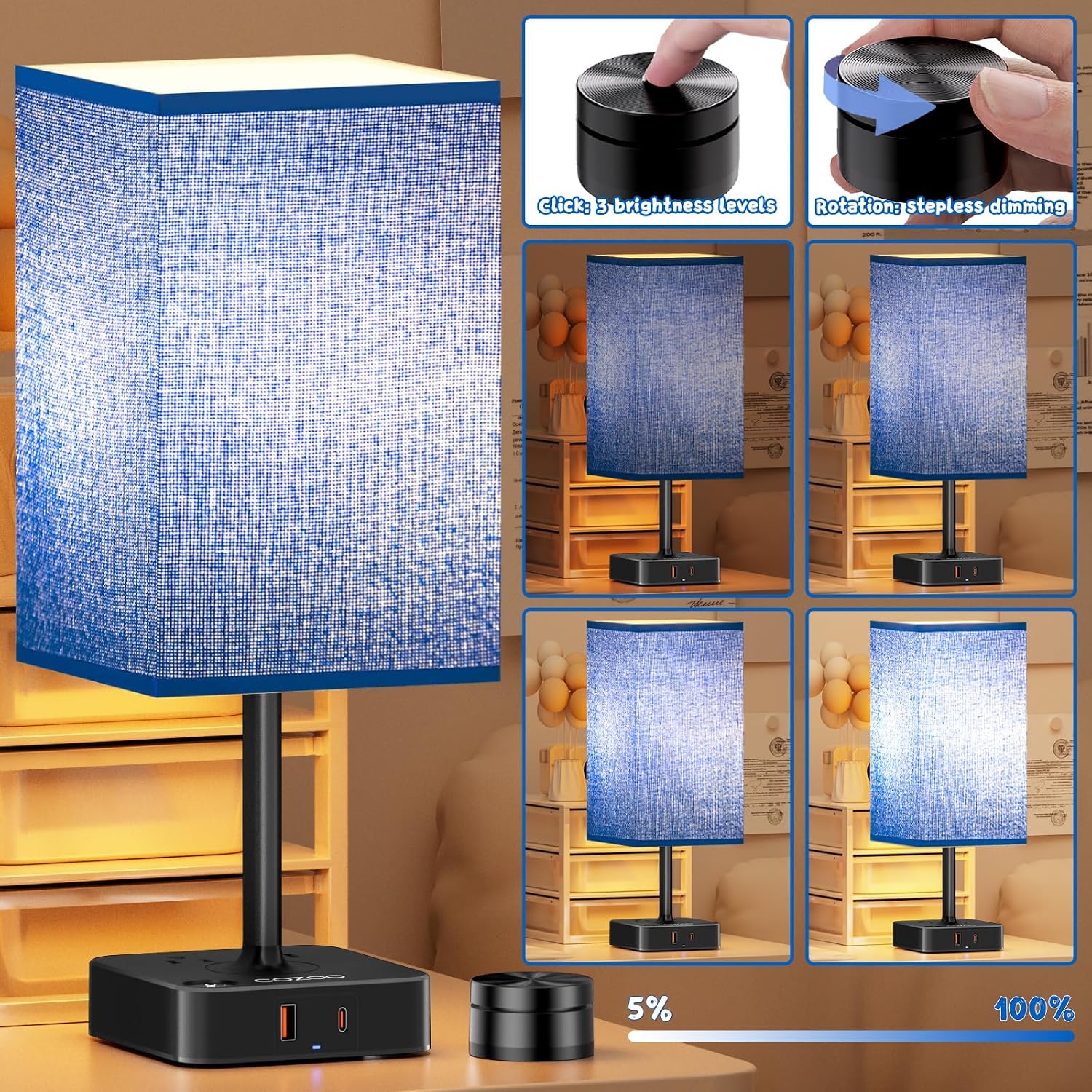 Bedside Lamp & Desk Lamp with Remote, Touch Control, USB-C/A Ports + Outlets | Blue Fabric Shade Nightstand Table Lamp for Bedroom…