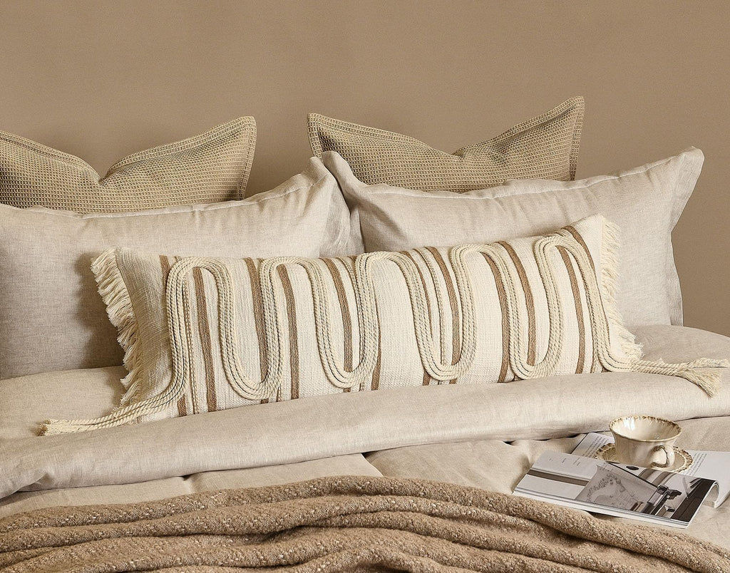 Aibuhome Beige Boho Body Pillow Cover 14x36 Inches, Handwoven Cotton Linen Lumbar Pillow Cover with Tassels, Farmhouse Decorative Cushion C…