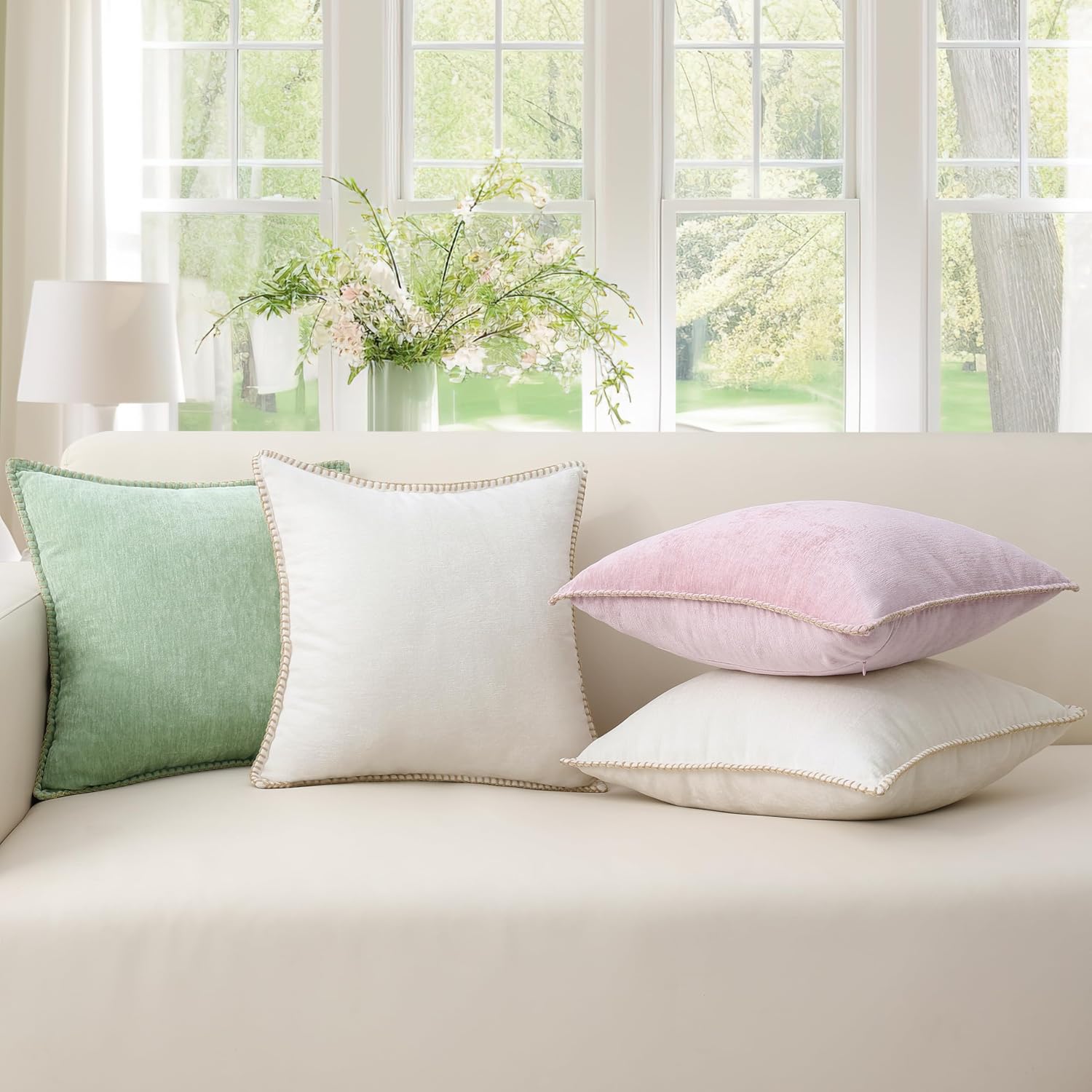 decorUhome Summer Chenille Soft Cozy Throw Pillow Covers 20x20 Set of 2, Modern Farmhouse Boho Velvet Decorative Pillow Cases with Stitched…