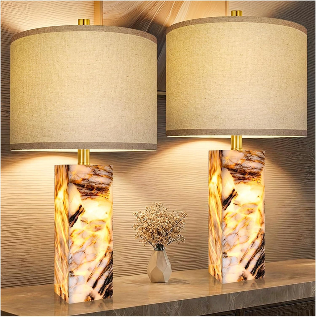 Scenekoy 23" Modern Alabaster Table Lamps Set of 2 with Night Light for Bedroom, Rotary Switch, Bedside Lamp with Linen Shade, Brown…