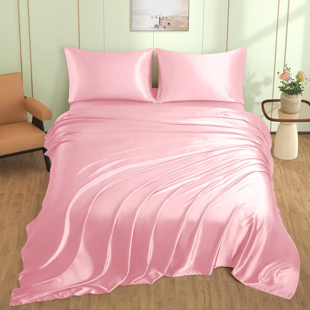 VACVELT 3pcs Pink Satin Sheets Twin Size Bed Set, 15 Inch Deep Pocket Silky Satin Sheet Set, Soft Satin Bedding Set Cooling & Luxury Bed…