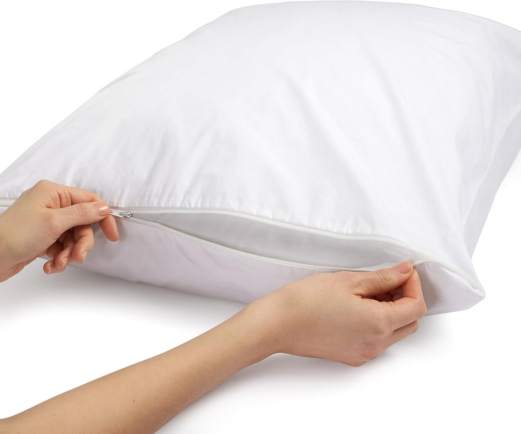 Amazon Basics Queen Pillow Protector with Zipper, 100% Cotton Hypoallergenic, Machine Washable, White, 31 x 21 Inches, Pillows Not…