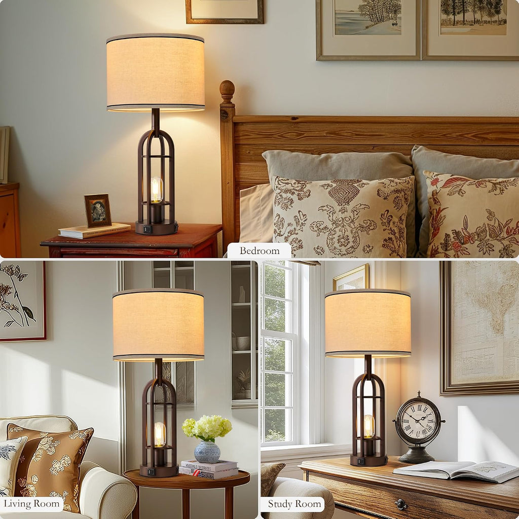 SRJJA Farmhouse Table Lamps for Living Room Bedroom Set of 2 - Rustic Industrial Bedside Lamps for Night Stands with USB A+C, 24" Vintage…