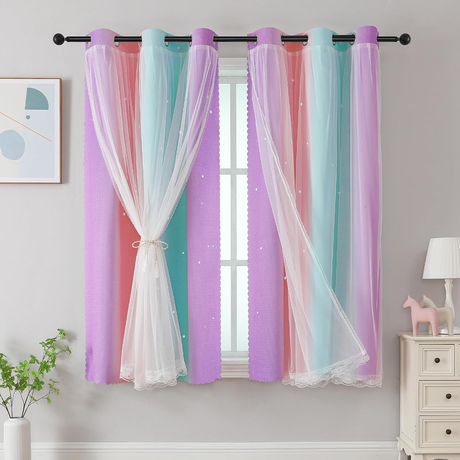 Addsomecolortolife XiDi Curtains for Bedroom Kids Rainbow Pink Purple Green Curtains for Girls Room Darkening 42/63/1 1.6 inch Pink