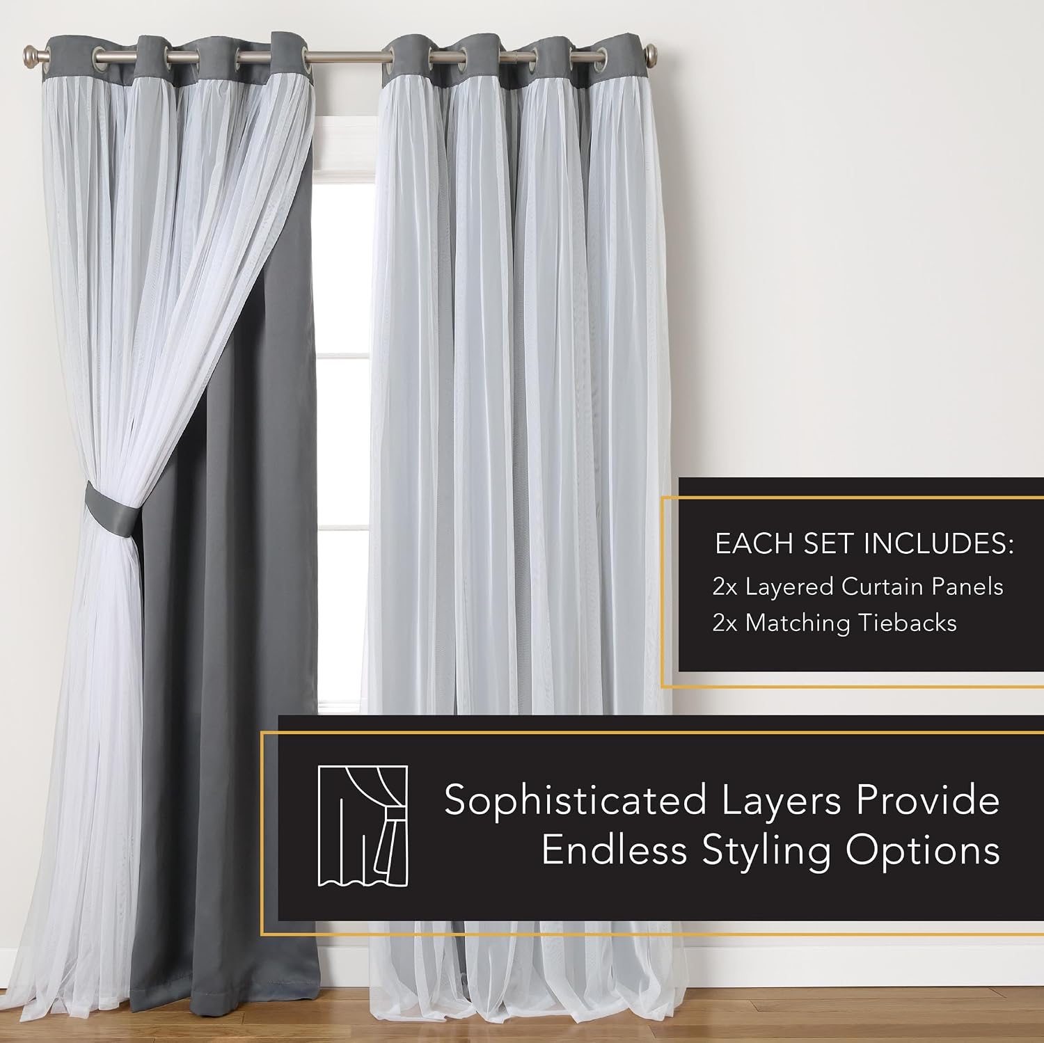 TOWN & COUNTRY LUXE Talia Double Layer Indoor Curtains, Sheer and Room Darkening Blackout, Grommet Top, Energy Efficient, 2-Pack Set…