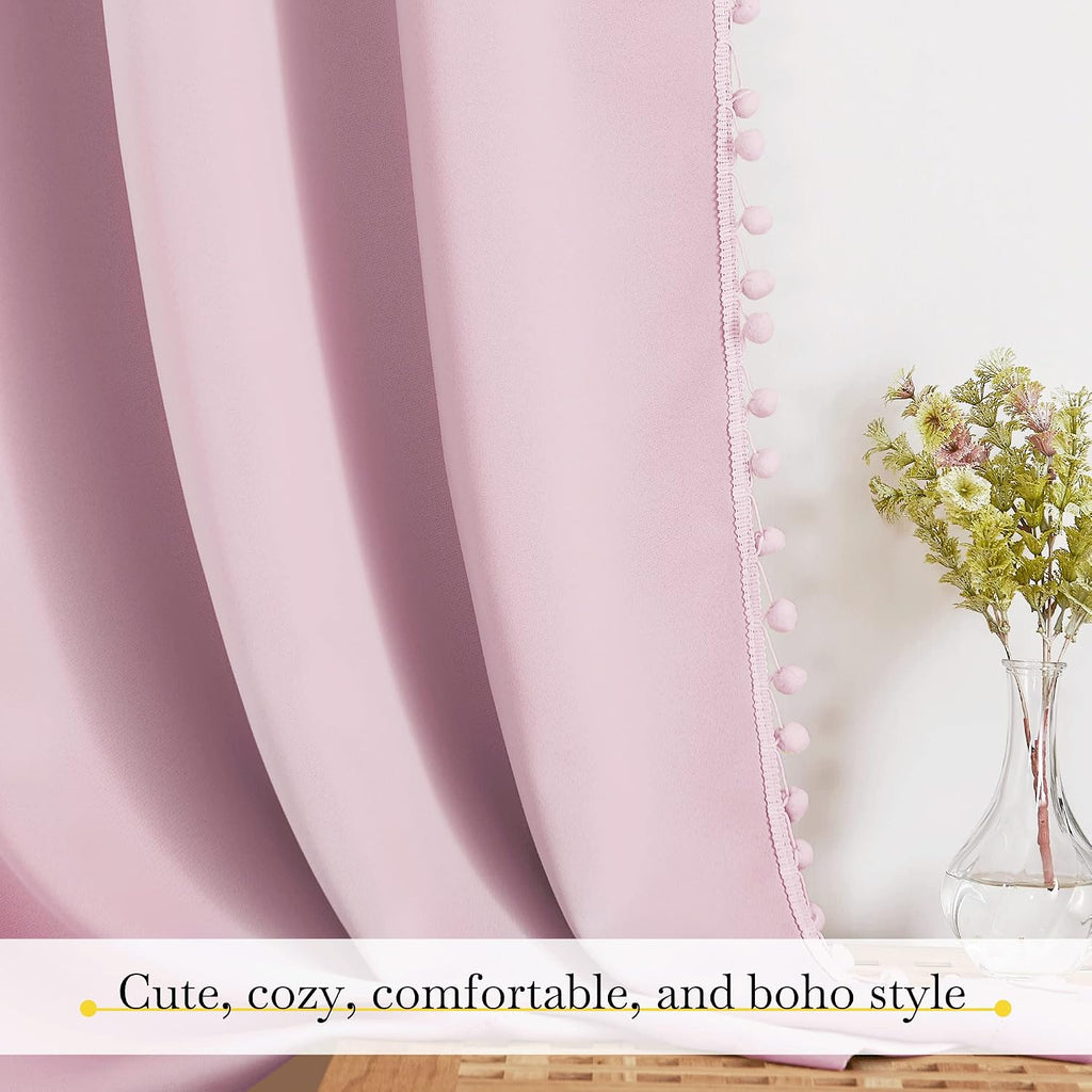 NICETOWN Pom Pom Blackout Curtains for Girls Bedroom Boho Pink Window Curtains for Nursery Rod Pocket Thermal Insulated Living Room…