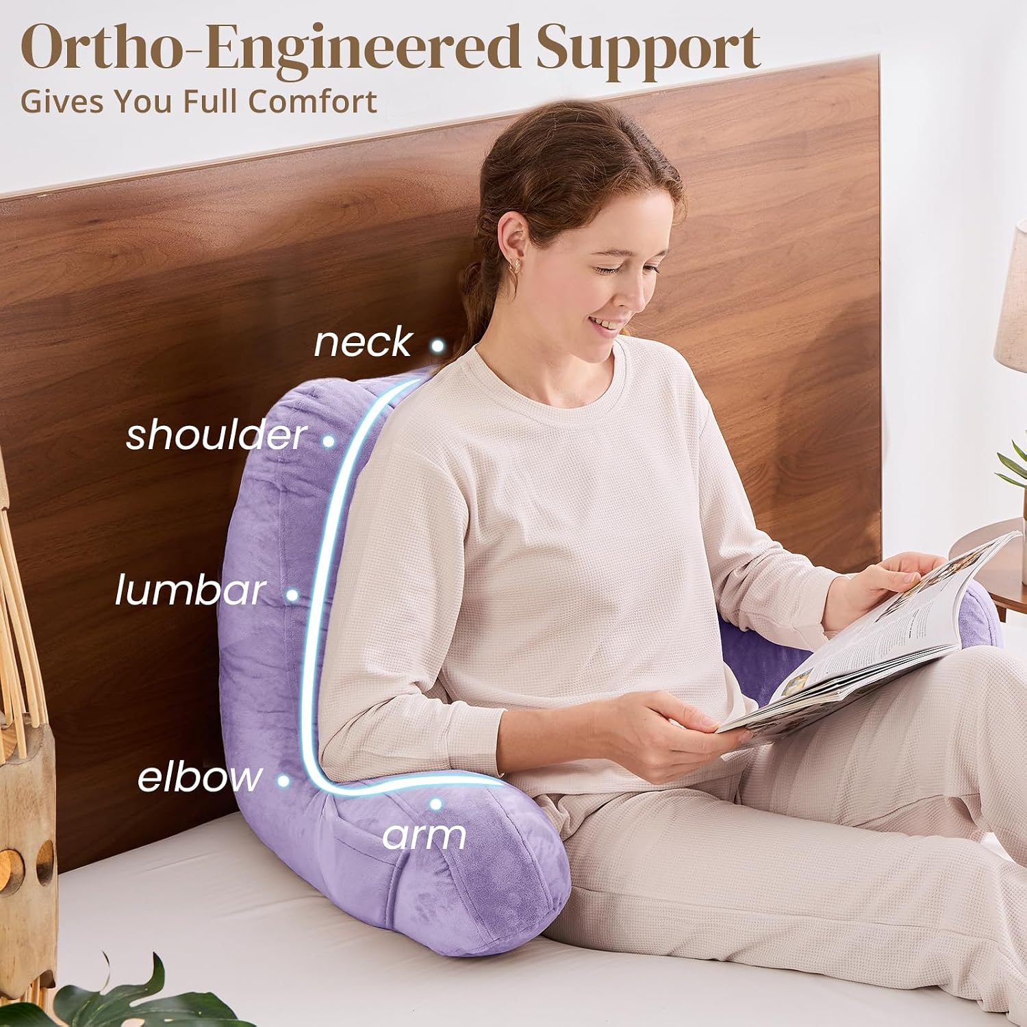 Sasttie Reading Pillow, Pillows for Reading or Relaxing – Ergonomic Support for Head, Neck, Back, and Lumbar, 21-Inch, Lavender