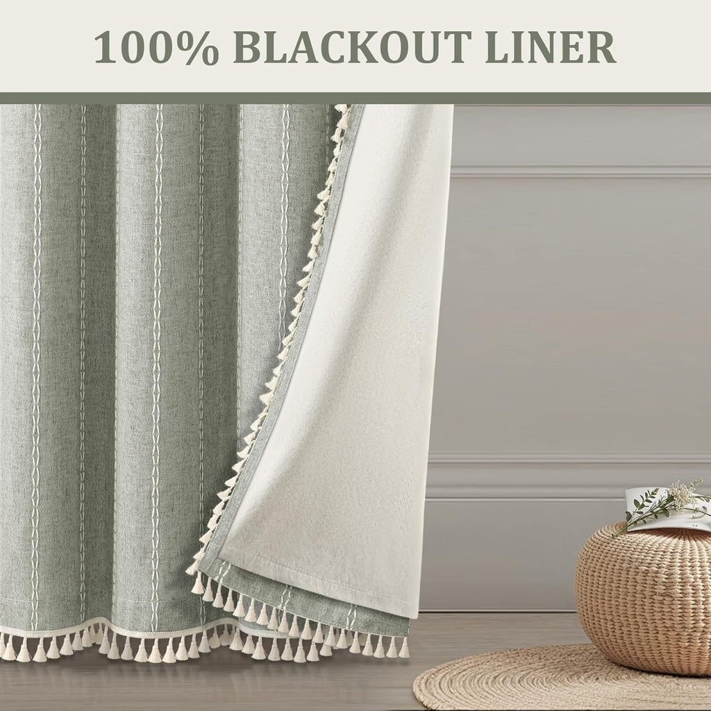 XOGUIBO Boho Blackout Curtains 96 Inches Long Sage Green Linen Blend 2 Panels with Tassels and Cotton Embroidery, Farmhouse Vintage…