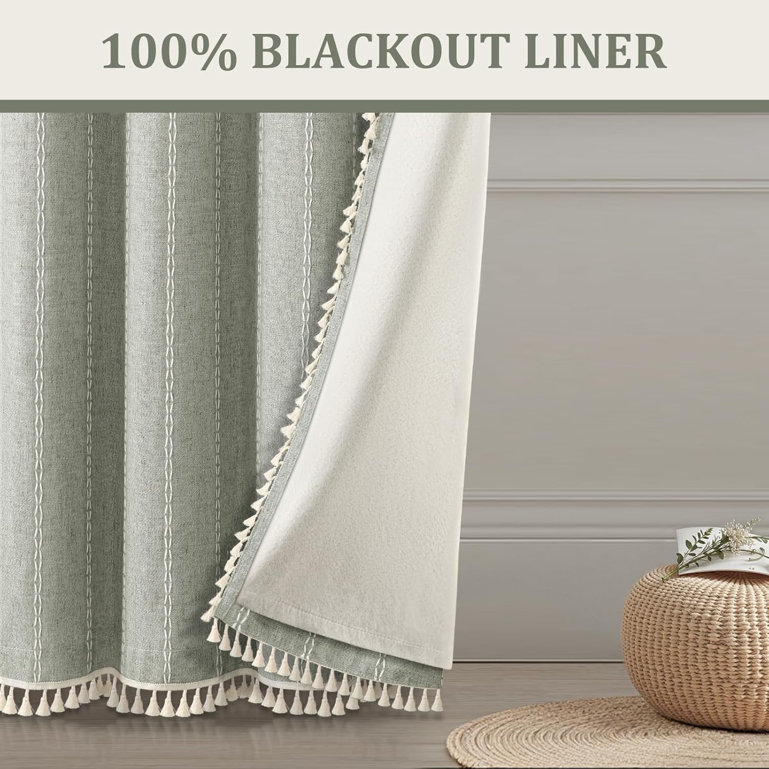 XOGUIBO Boho Blackout Curtains 96 Inches Long Sage Green Linen Blend 2 Panels with Tassels and Cotton Embroidery, Farmhouse Vintage…