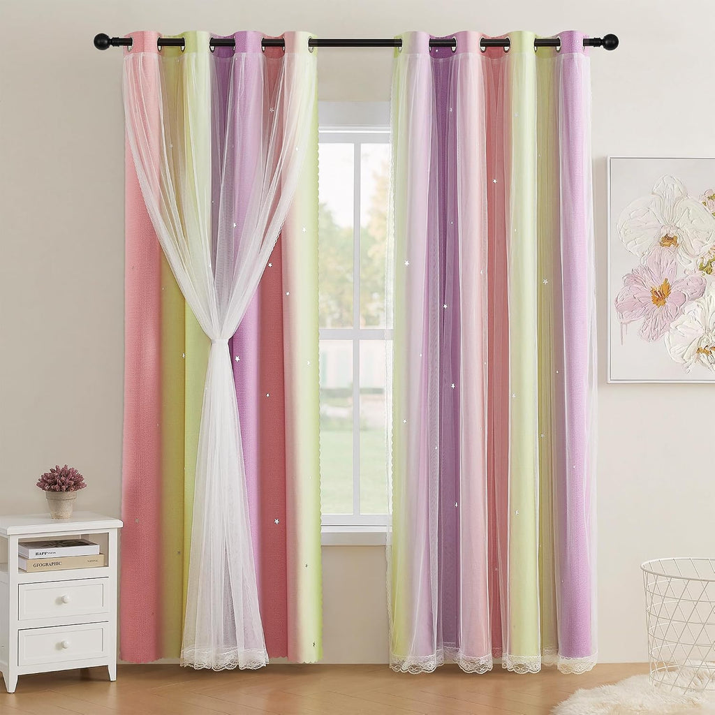 Addsomecolortolife XiDi Pink Yellow Curtains for Bedroom Decor Blackout Curtains for Girls Kids Room Rainbow Unicorn Wall Decals 34X63 Inch…