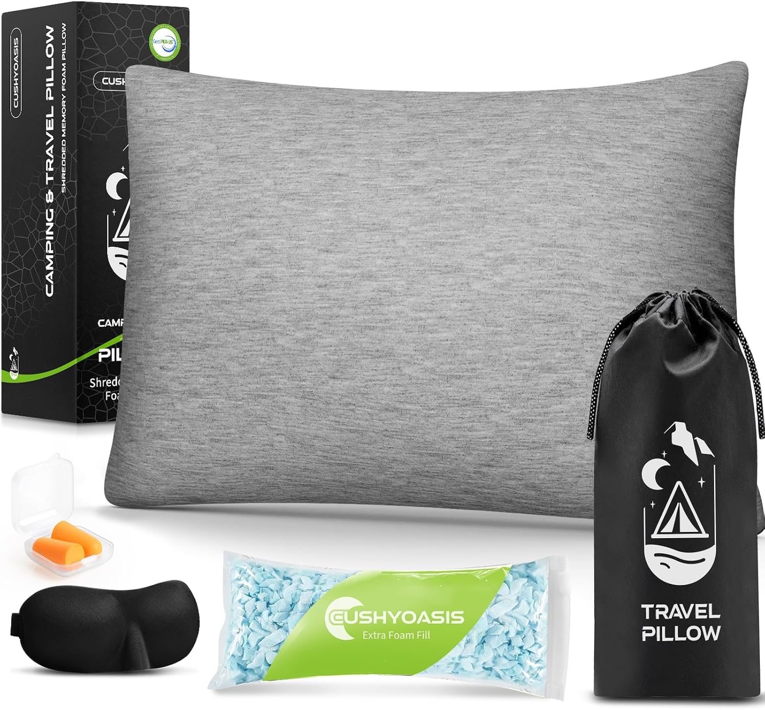 CushyOasis All-in-1 Camping Pillow Set - Shredded Memory Foam Neck Pillow Travel Pillow with Eye Mask, Earplugs, Washable Cover, Compact…