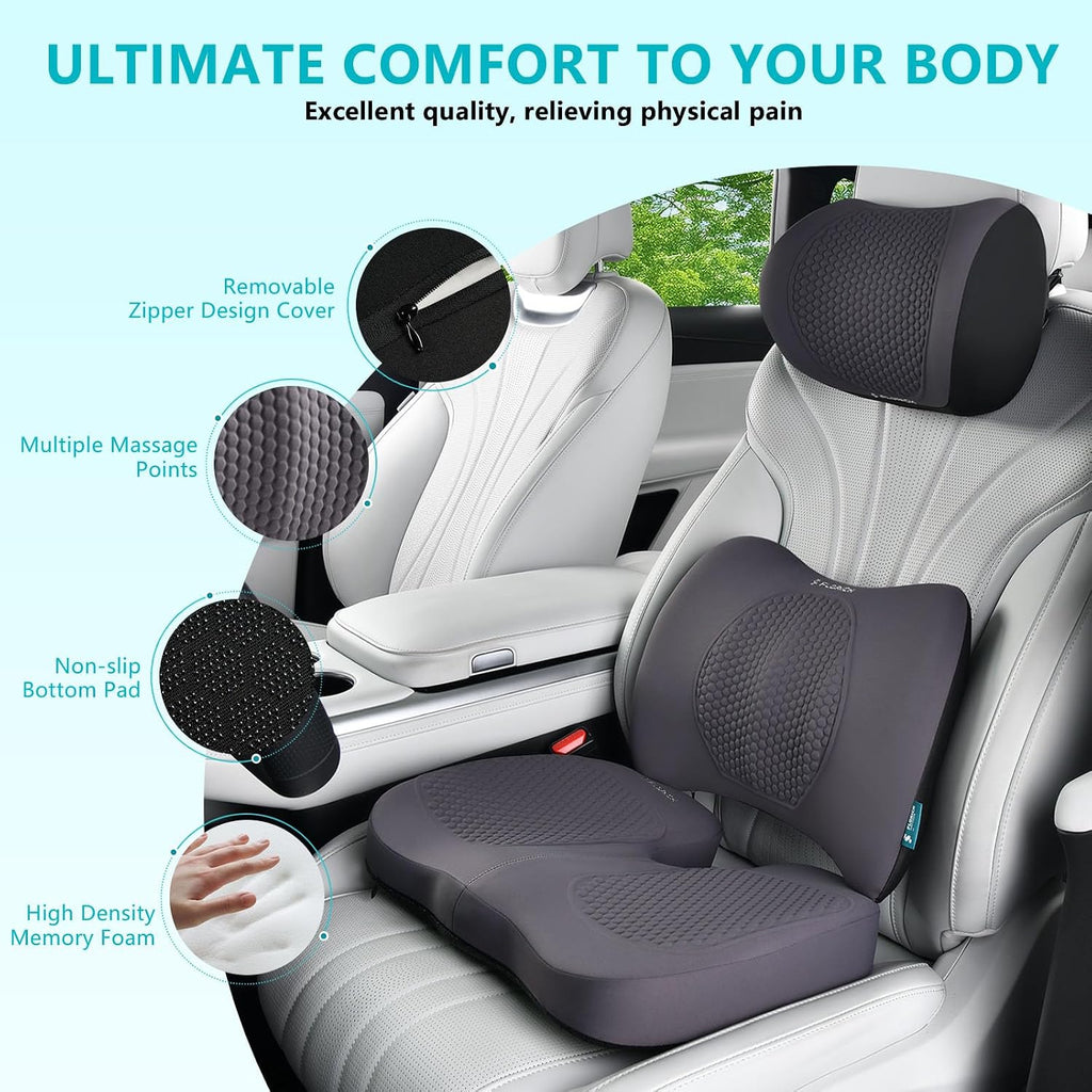FLORICH 3 PCS Seat Cushion for Carseat Lumbar Support Pillow Car Neck Headrest Pillows Memory Foam Gel Memory Foam Massage Point Seat…