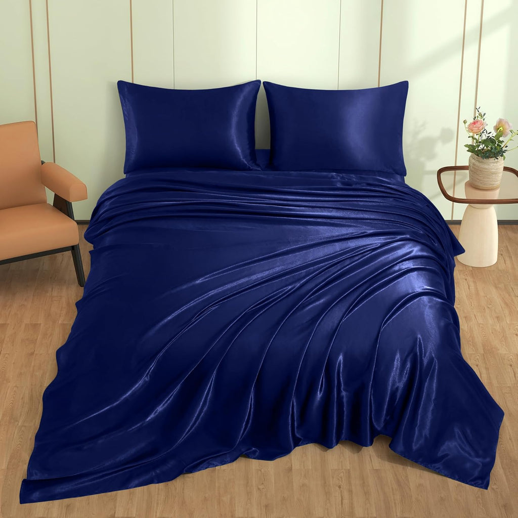 VACVELT 3pcs Navy Blue Satin Sheets Twin Size Bed Set, 15 Inch Deep Pocket Silky Satin Sheet Set, Soft Satin Bedding Set Cooling & Luxury…