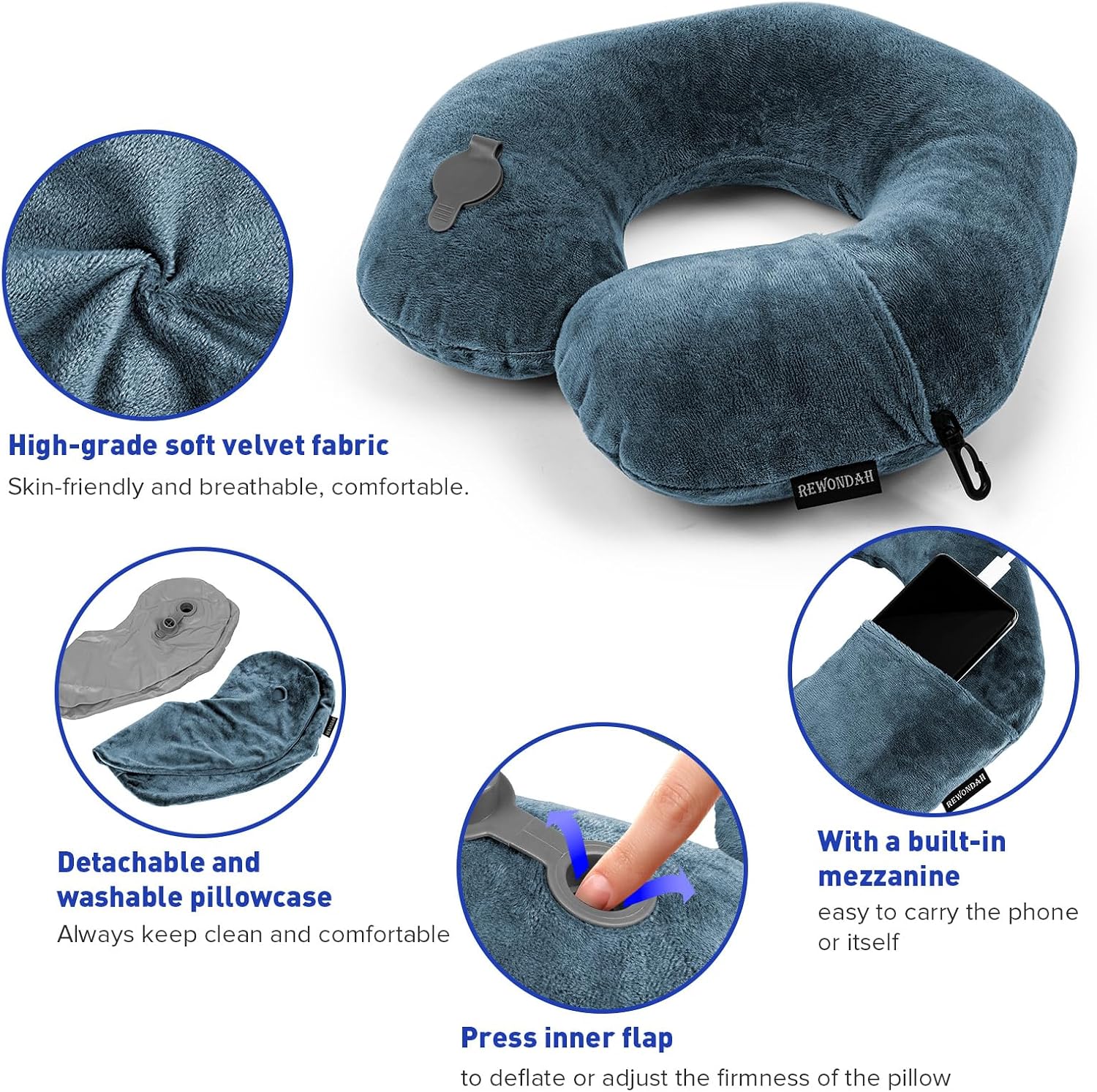 Rewondah Neck Pillows for Travel, Inflatable Travel Pillow, Inflatable Neck Pillow for Traveling Airplane with Soft Velour Washable…