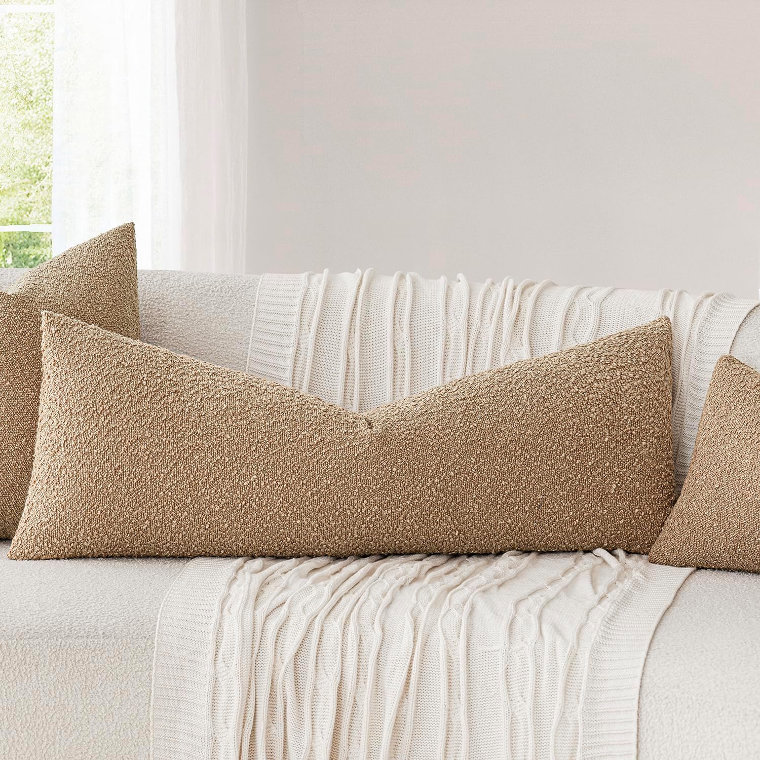 Foindtower Decorative Textured Boucle Throw Pillow Cover Accent Solid Pillow Case Neutral Long Body Lumbar Couch Cushion Case for Chair…