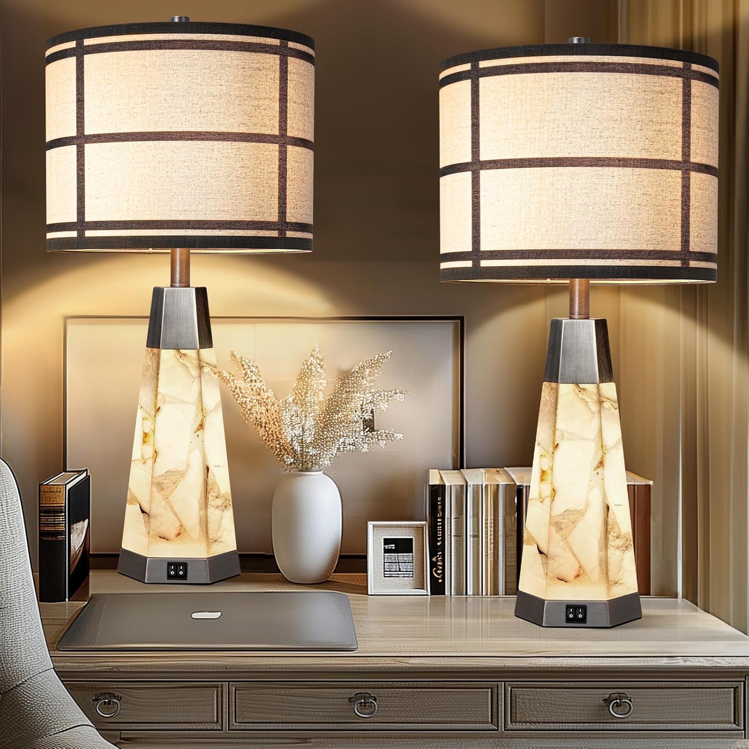 KIVDITZO 27" Alabaster Table Lamps for Living Room, Bedroom Lamps Set of 2 with Night Light, Living Room Lamps with USB A+C Ports, Table…