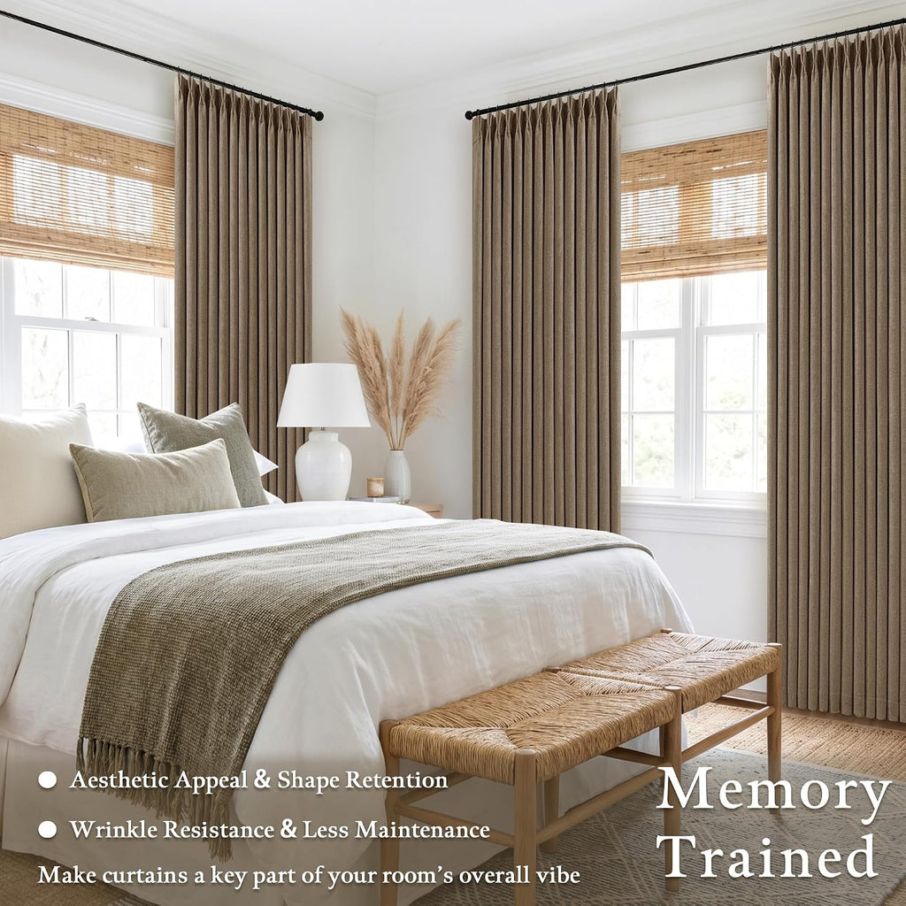 Twodrapes Latte 96 Inch Pinch Pleated Blackout Linen Curtains for Bedroom Living Room 2 Panels Set Memory Trained 100% Black Out Soundproof…
