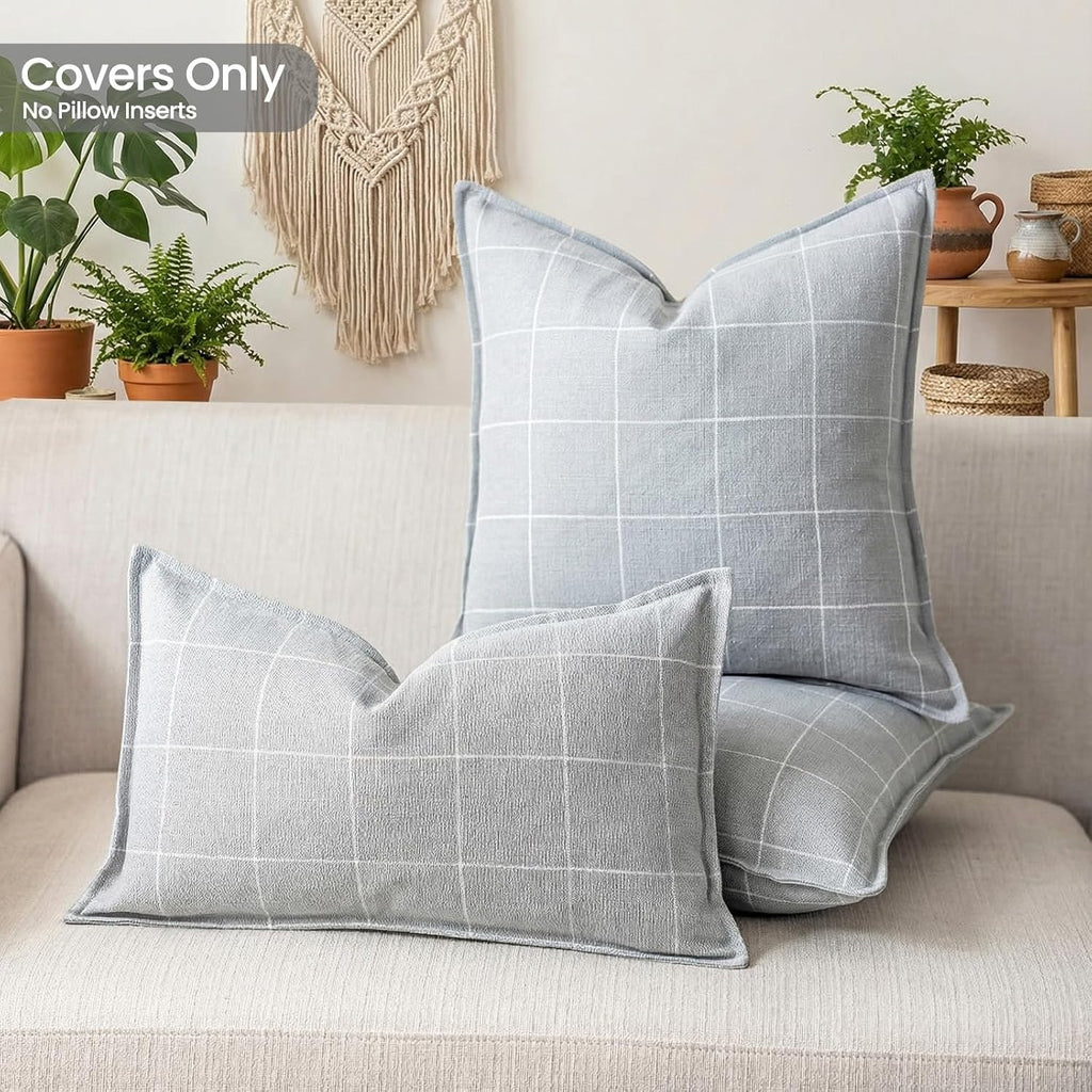 Grey Lumbar Throw Pillows 12x20, Light Grey Plaid Pillows Set of 2, Grey and White Checkered Decorative Lumbar Pillows 12 x 20, Gray…