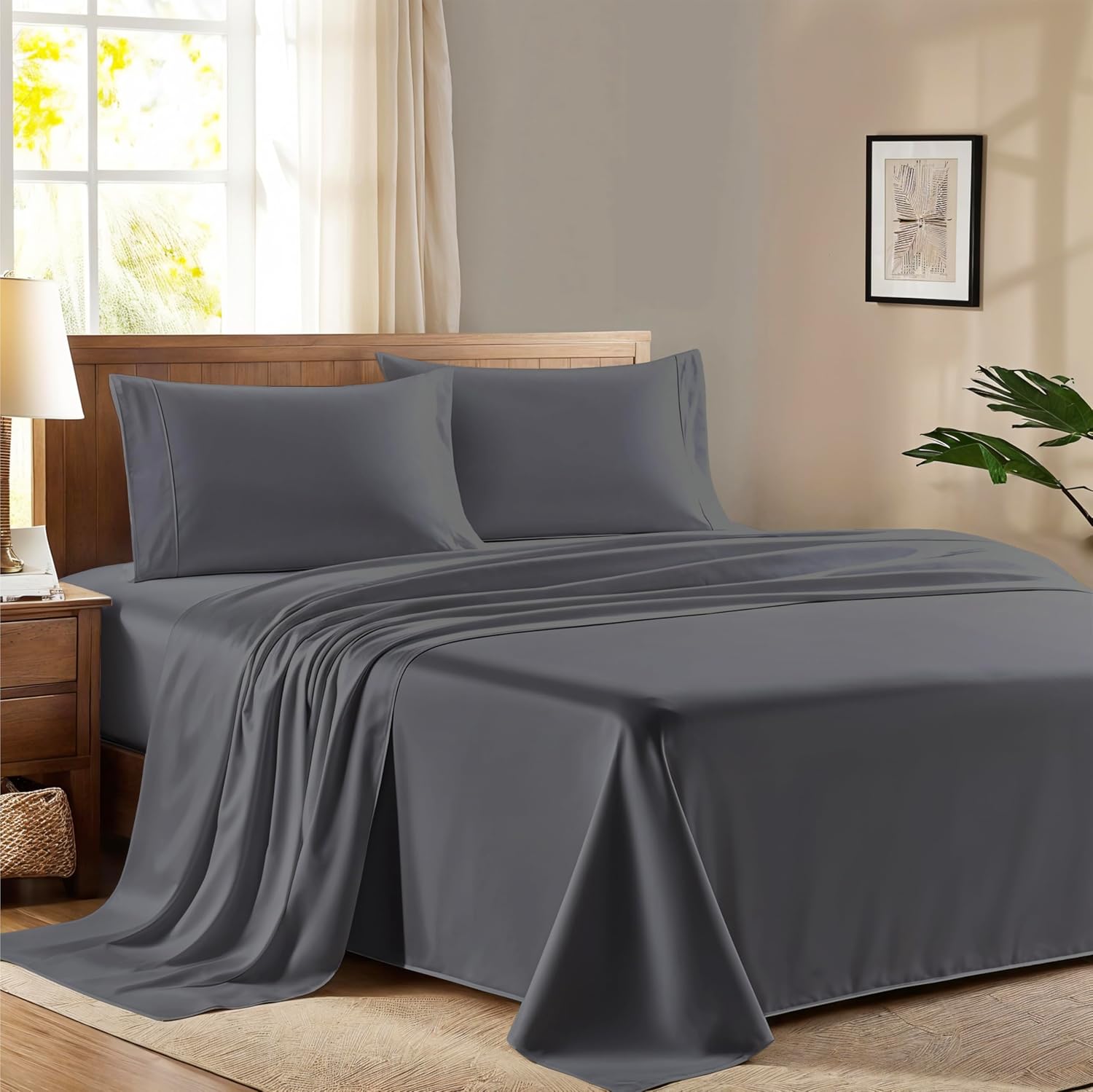 AshtonSheets 100% Egyptian Cotton Queen Size Sheet Set - 600 Series Refined Collection Sheets Set for Queen Size Bed (4 PC, Dark Grey), Sof…