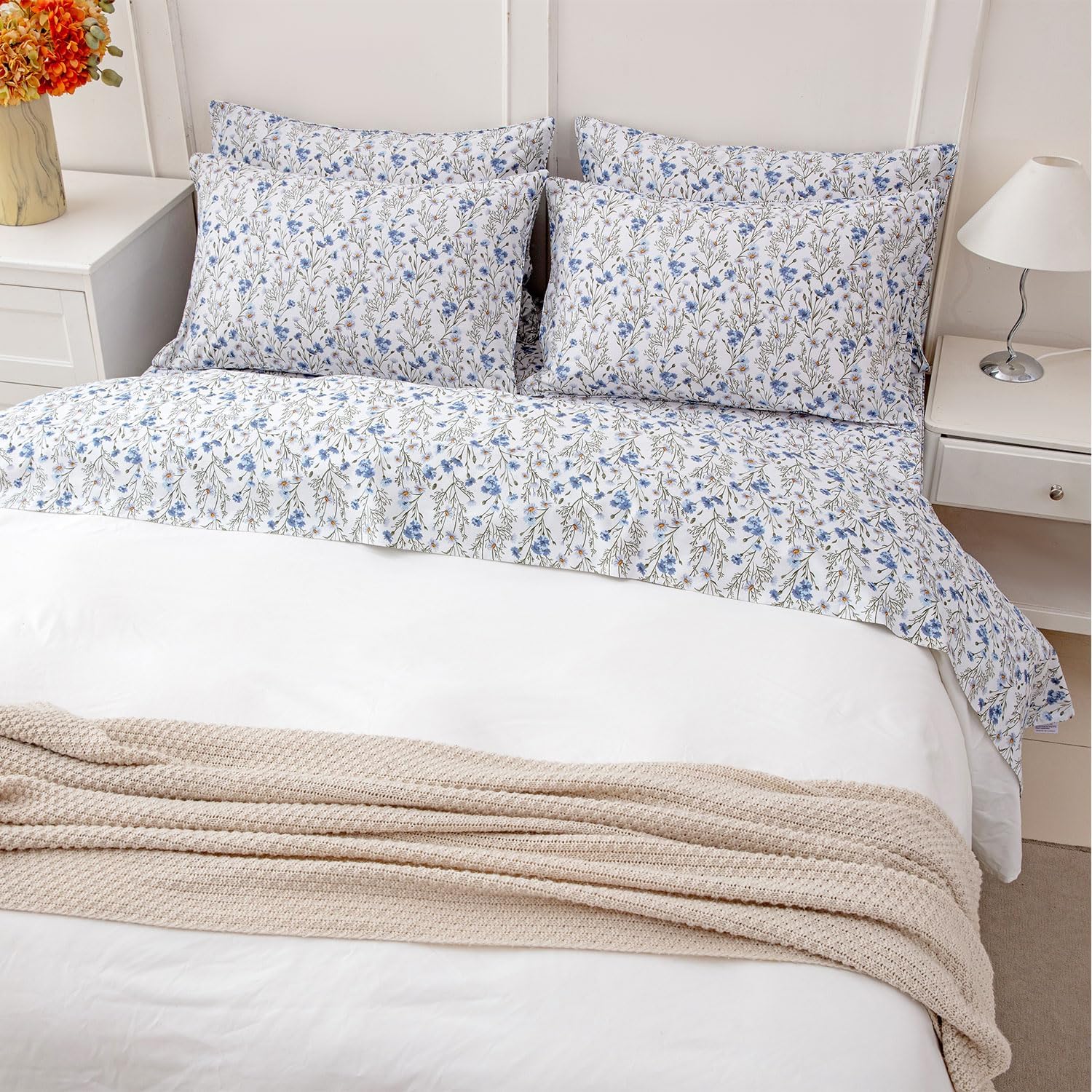 FADFAY 100% Cotton Percale Sheet Set Twin – Blue Meadow Floral Bedding, Vintage Wildflower Botanical Sheets, Soft Breathable Deep Pocket…