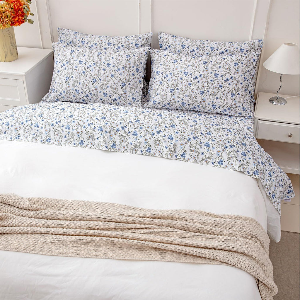 FADFAY 100% Cotton Percale Sheet Set King – Blue Meadow Floral Bedding, Vintage Wildflower Botanical Sheets, Soft Breathable Deep Pocket…