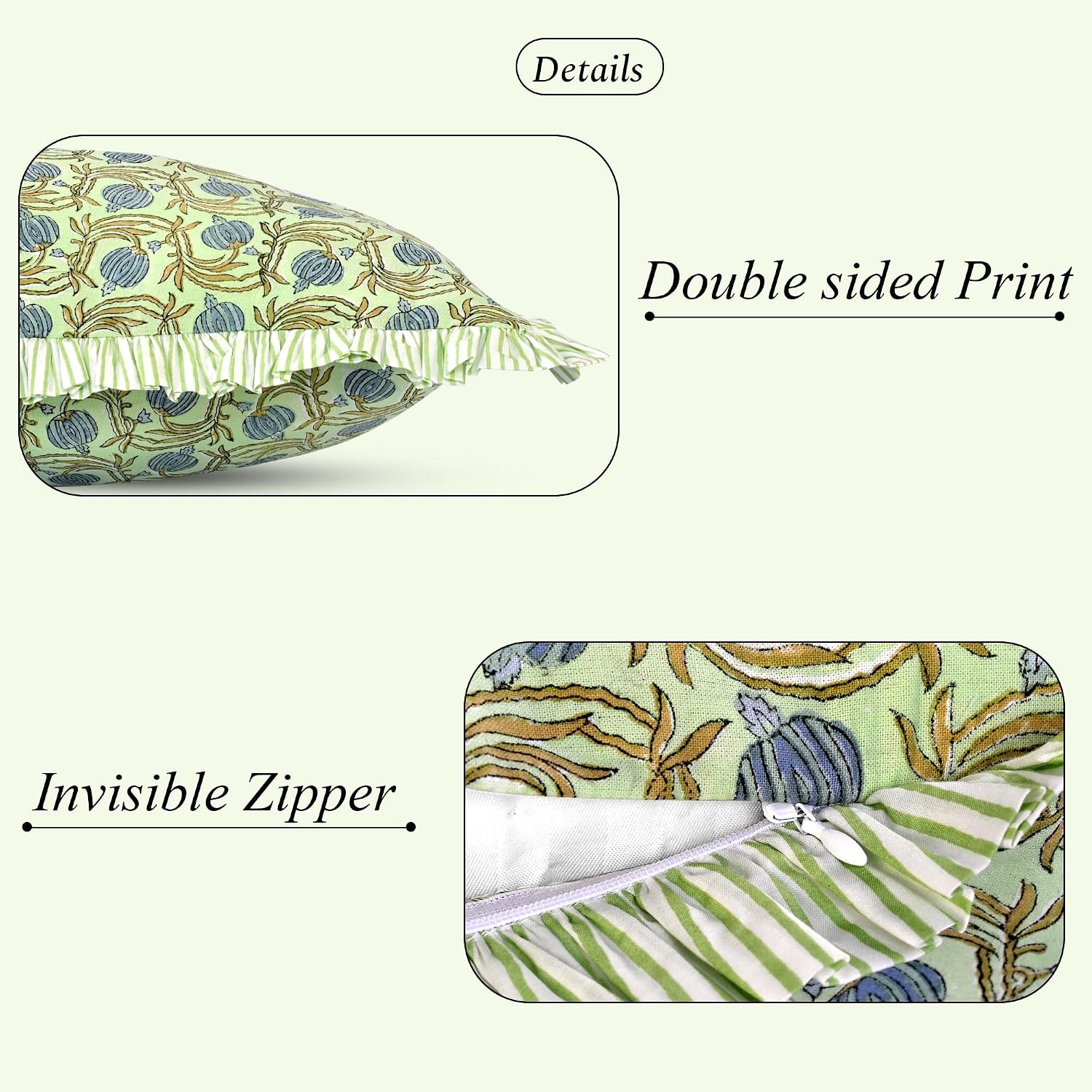 Ridhi Block Print Apple Green Floral 20"x12" Set 1-100% Cotton Ruffle Lumbar Sham Cover Boho Floral Pillowcase, Farmhouse Cottagecore…