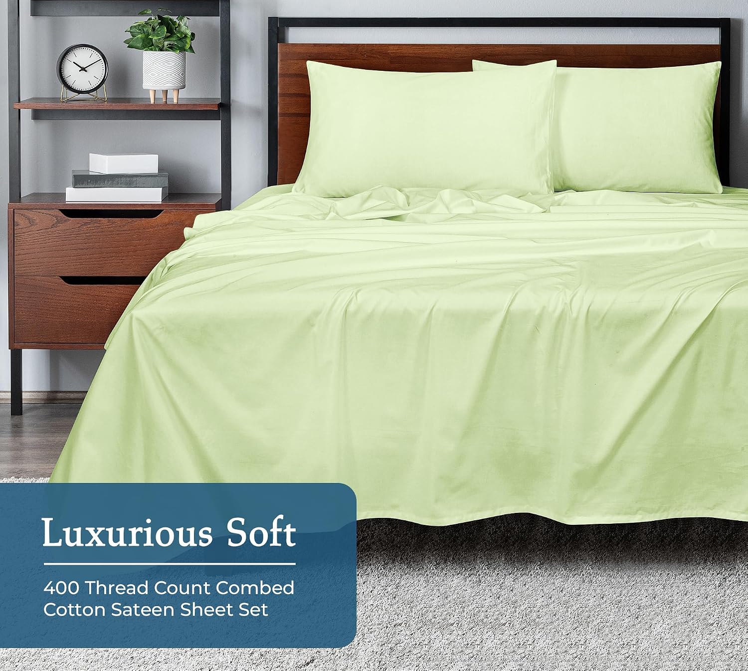 Royalelinens Royale Linen 400 Thread Count 100% American Grown Cotton 4 Piece Sateen Queen Sheet Set - 1 Fitted Sheet, 1 Flat Sheet, 2 Pill…
