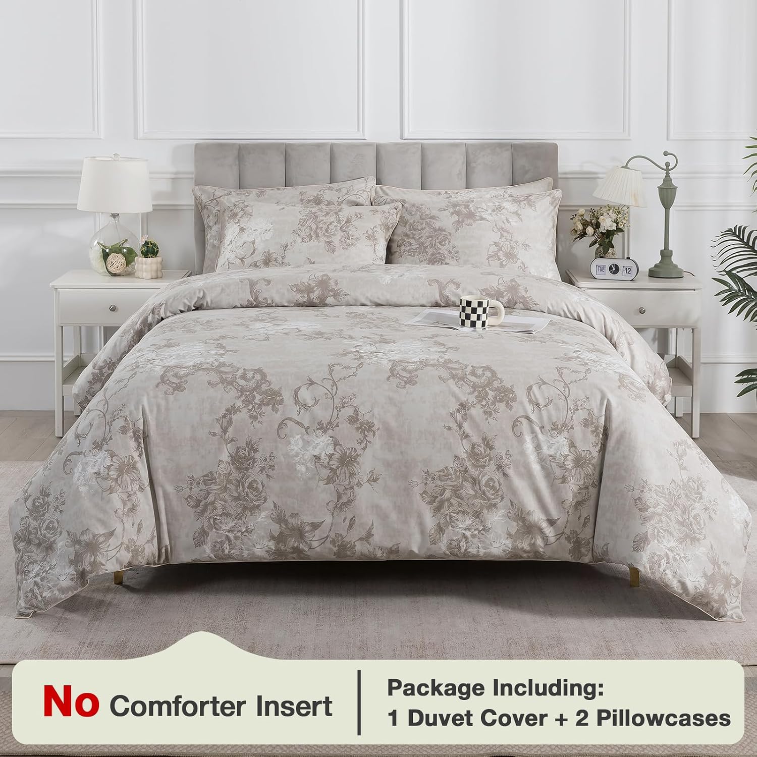 Puralens Vintage Floral Greige Percale Duvet Cover Set, King 100% Cotton Cottage Zipper Comforter Cover, Crisp Neutral Toile Bed Cover Set…