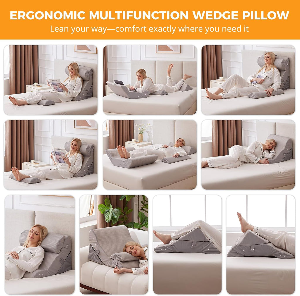 Ruqmuis 4PCS Wedge Pillow Set for After Surgery, Adjustable Back Pillow for Bed Sitting up, Acid Reflux, Bed Wedge Pillow Headboard for Sle…