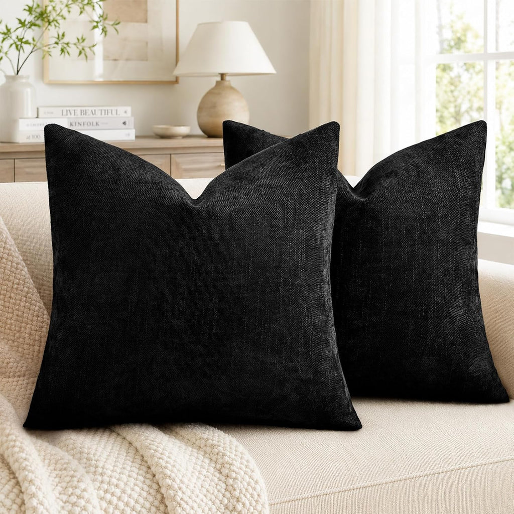 decorUhome Chenille Throw Pillow Covers 18x18 Set of 2, Square Decorative Pillow Covers with Zipper for Couch, Sofa, Living Room, Black