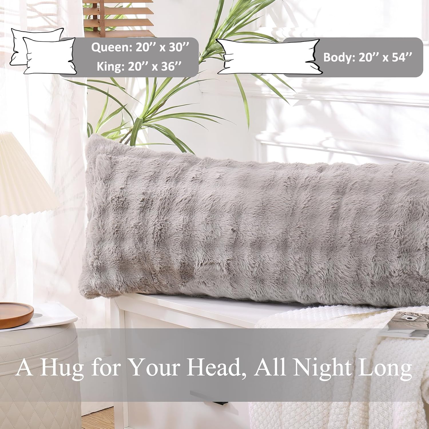 Chumerry Gray Faux Fur Body Pillow Cover 1 Piece, Soft Cozy Plush Shaggy Body Pillowcase Long Pillow Case, Plaid Geometric Decorative Bed P…