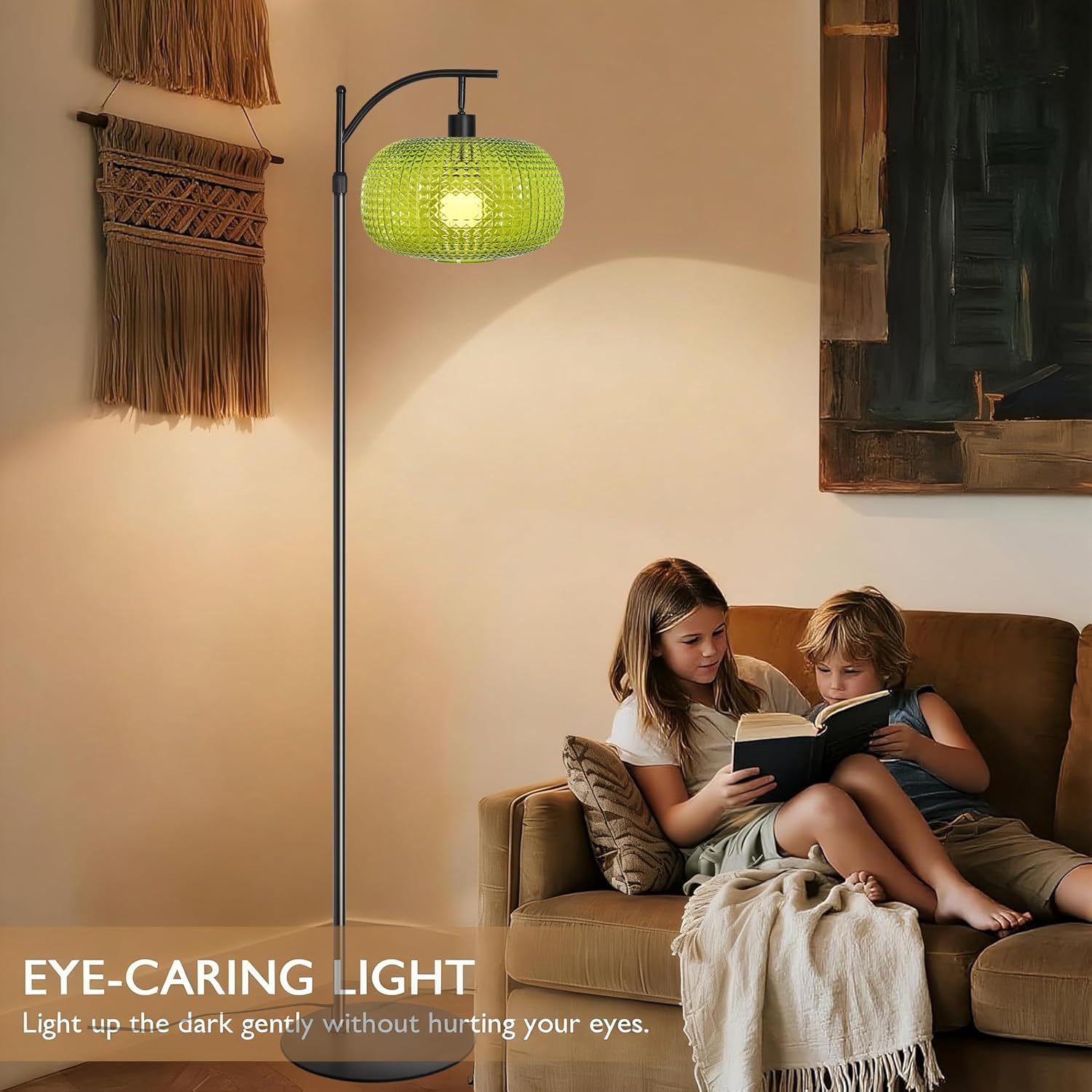 Floor Lamp for Living Room with Green Glass Shade, Modern Standing Lamp with Remote Control, Black Dimmable Tall Lamp for Bedroom Office…